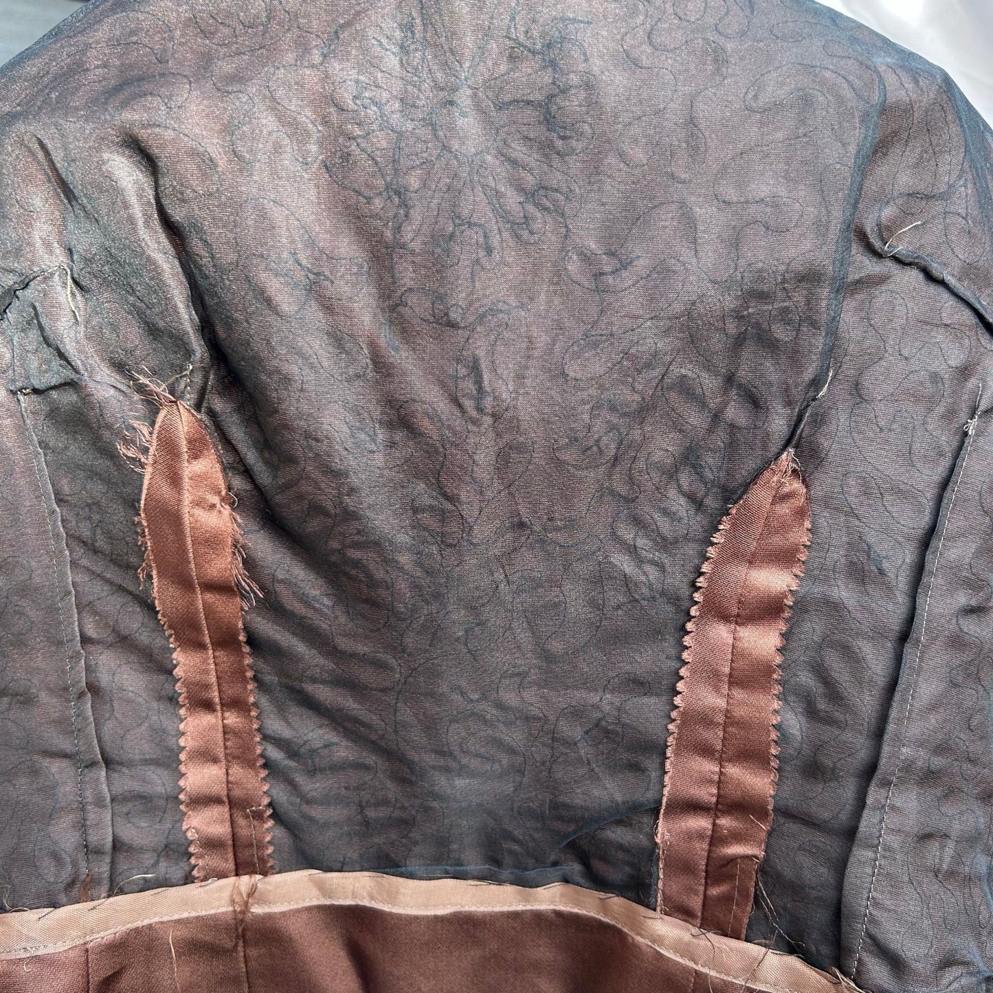 Fine lining of Vintage satin bodice top in bronze/ brown with all over black glass beading - Splendid Vintage World