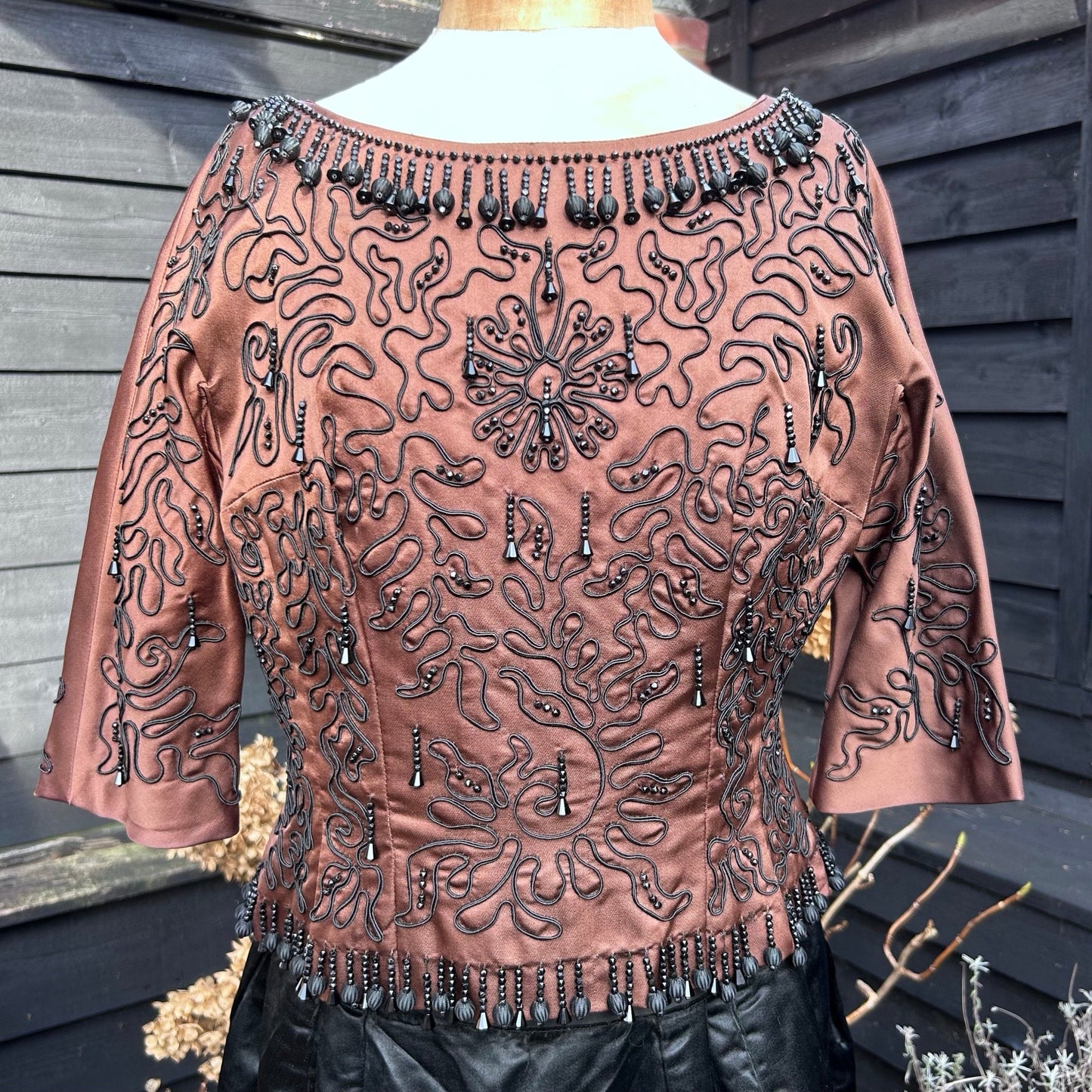Vintage satin bodice top in bronze/brown with all over black glass beading - Splendid Vintage World