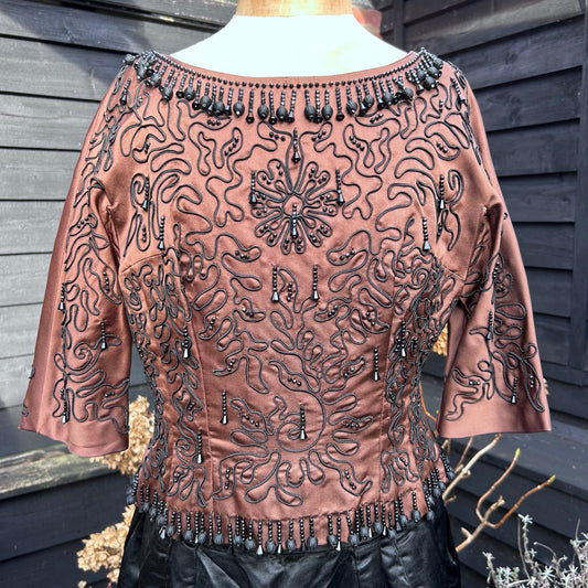 Vintage satin bodice top in bronze/brown with all over black glass beading - Splendid Vintage World