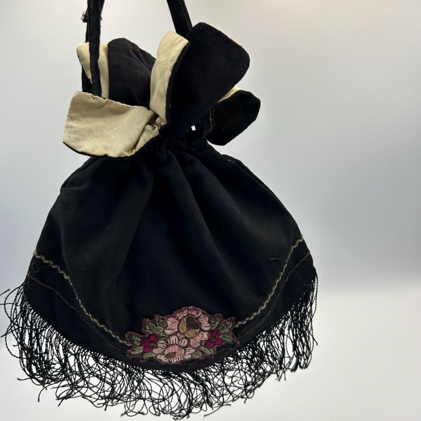 Vintage 1930s black silk evening handbag with floral silk floss appliqué & drawstring - Splendid Vintage World