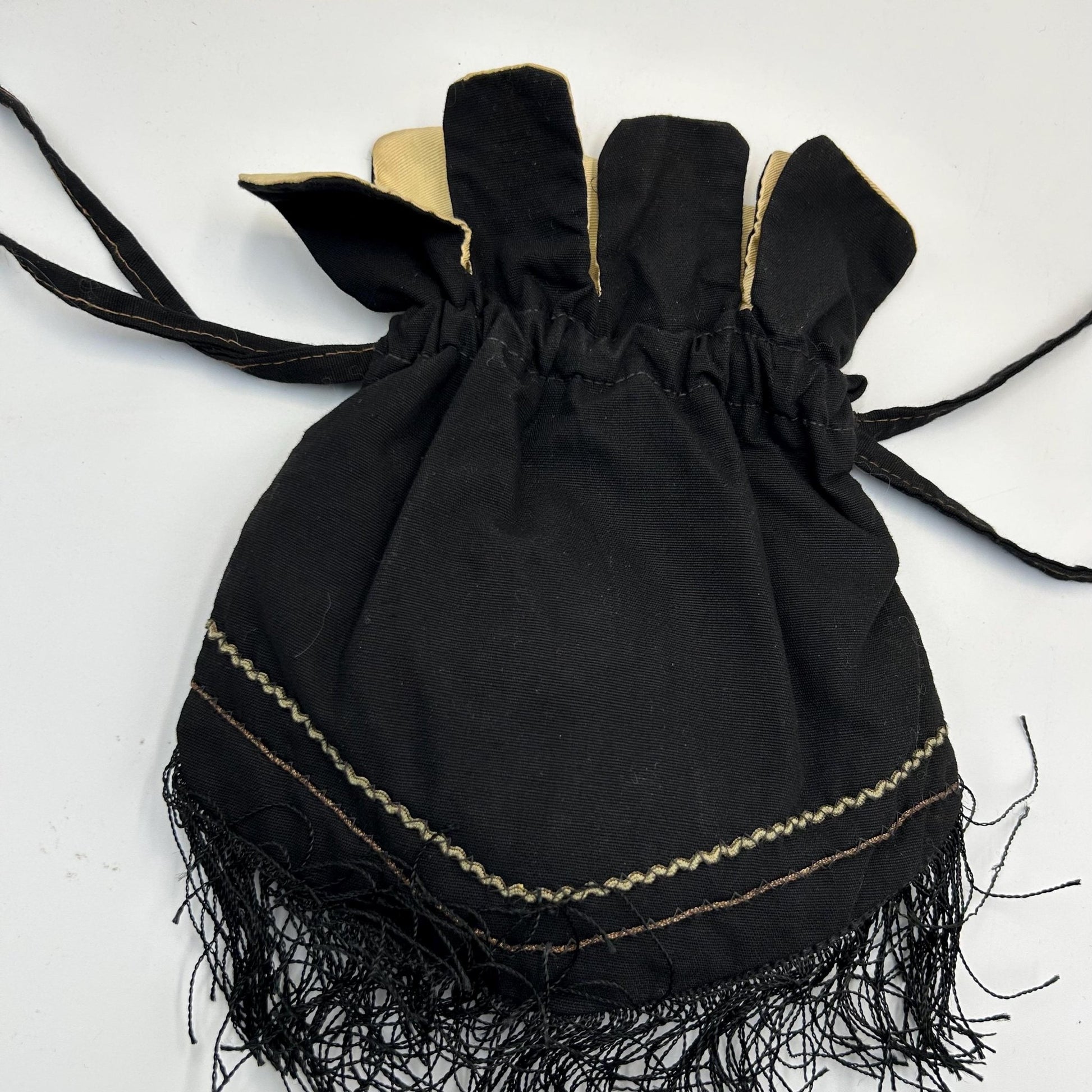 Vintage 1930s black silk evening handbag with floral silk floss appliqué & drawstring  - Splendid Vintage World