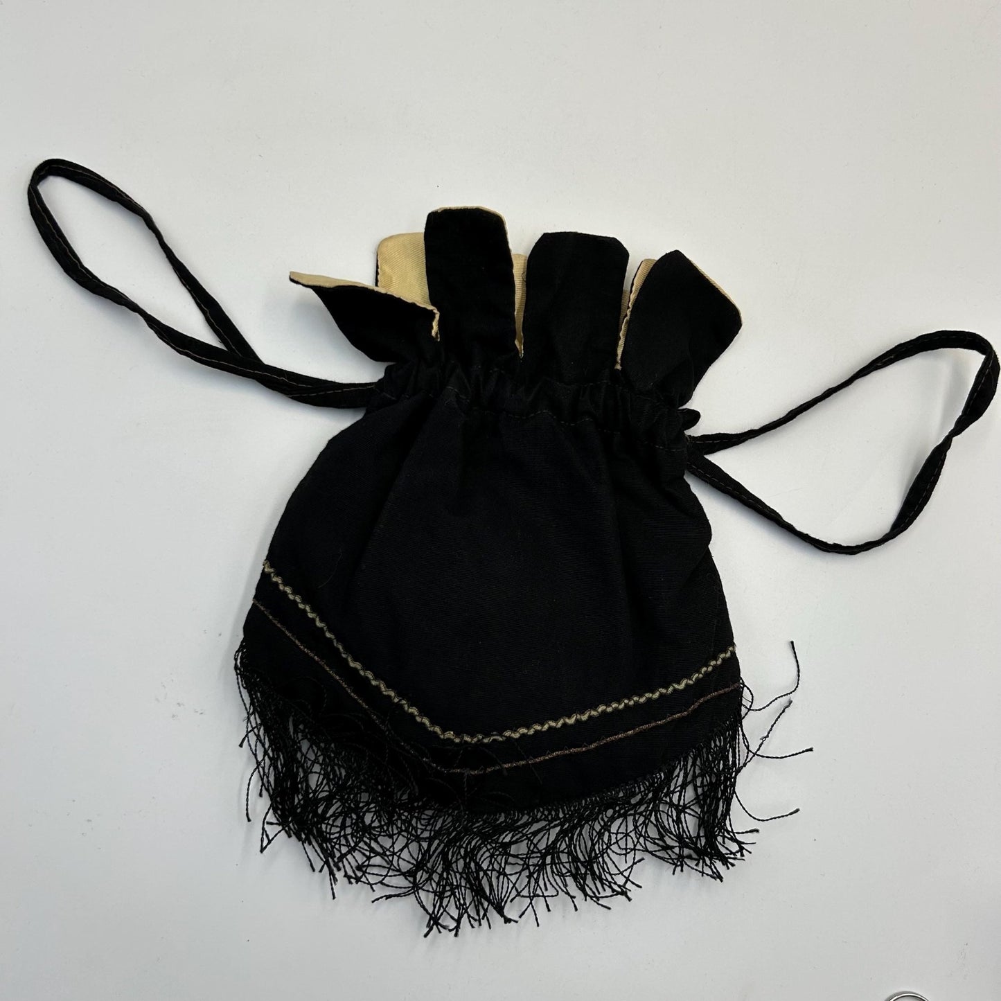 Vintage 1930s black silk evening handbag with floral silk floss appliqué & drawstring - Splendid Vintage World