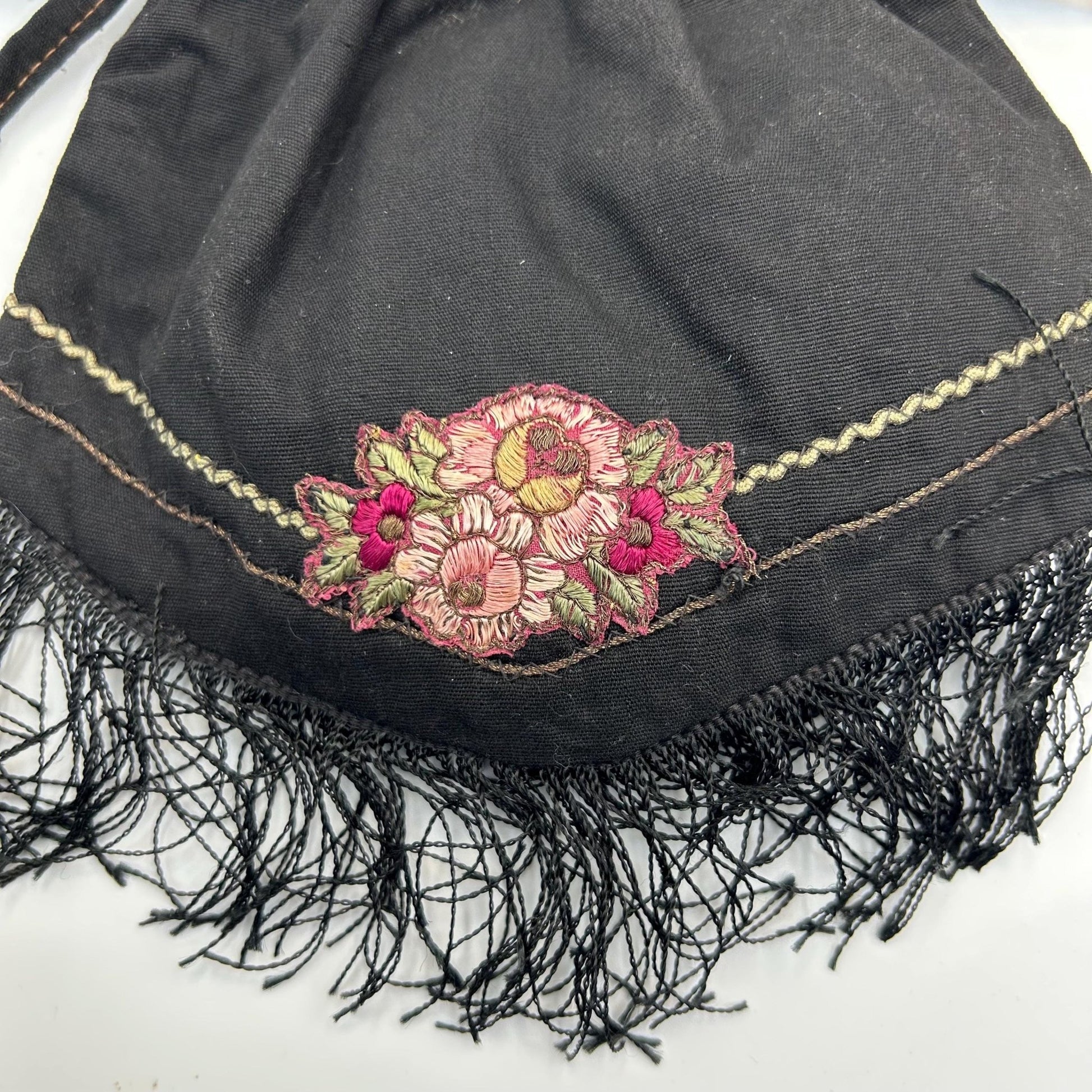 Vintage 1930s black silk evening handbag with floral silk floss appliqué & drawstring - Splendid Vintage World