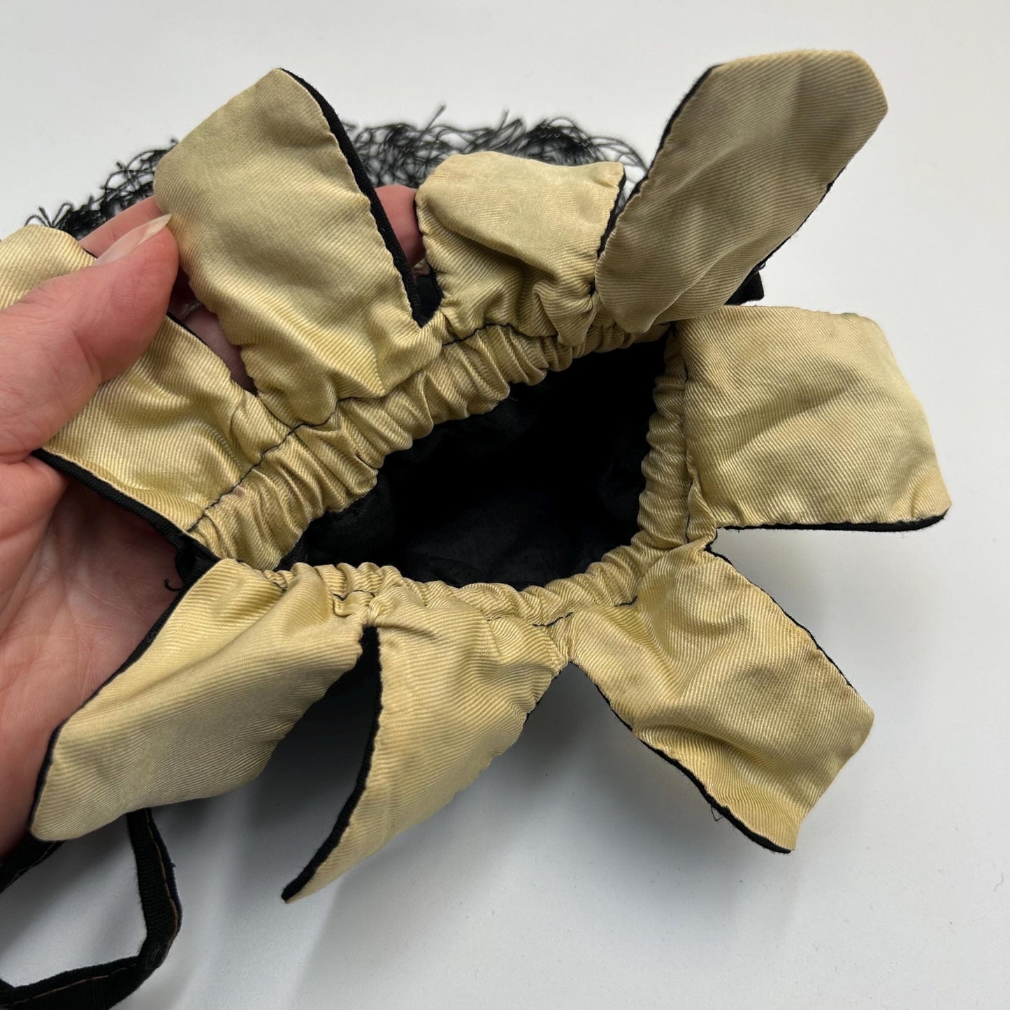 Vintage 1930s black silk evening handbag with floral silk floss appliqué & drawstring  - Splendid Vintage World