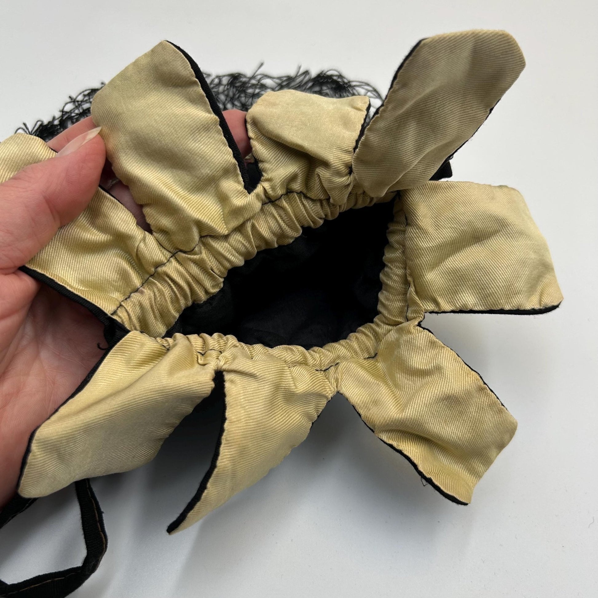 Vintage 1930s black silk evening handbag with floral silk floss appliqué & drawstring  - Splendid Vintage World