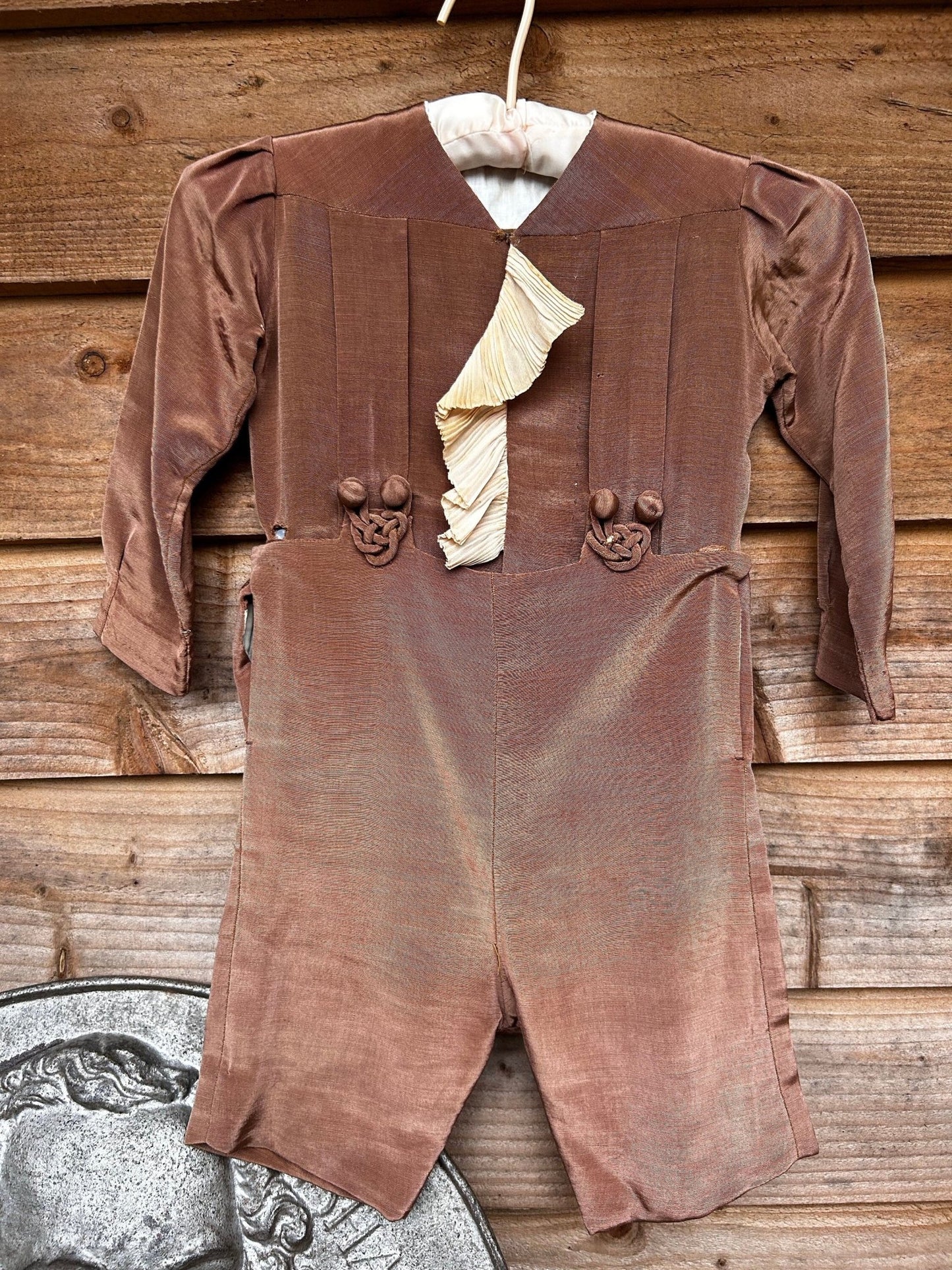 Vintage Child's Top and Trouser Suit: Cinnamon Brown Silk Grosgrain, Ornate Frog Trim - Splendid Vintage World