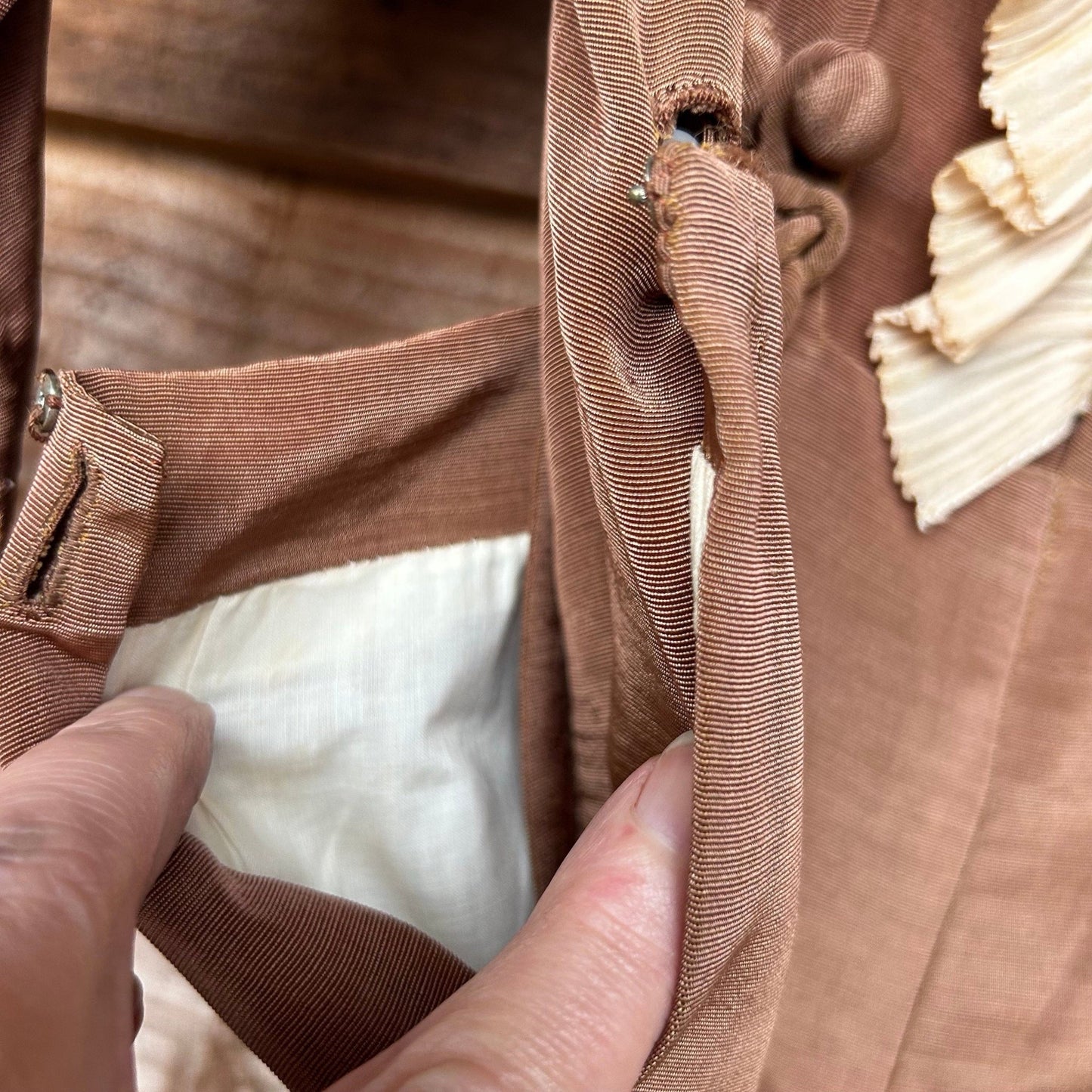 Vintage Child's Top and Trouser Suit: Cinnamon Brown Silk Grosgrain, Ornate Frog Trim - Splendid Vintage World
