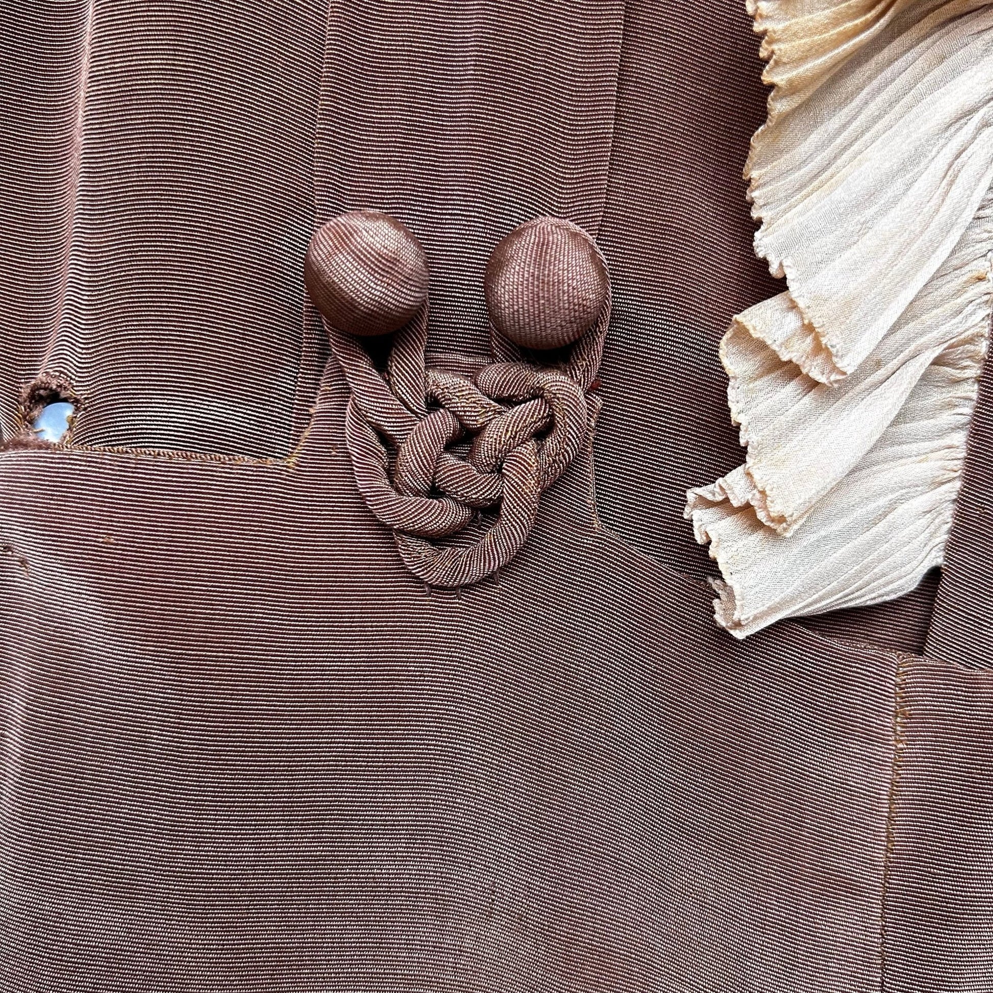 Vintage Child's Top and Trouser Suit: Cinnamon Brown Silk Grosgrain, Ornate Frog Trim - Splendid Vintage World