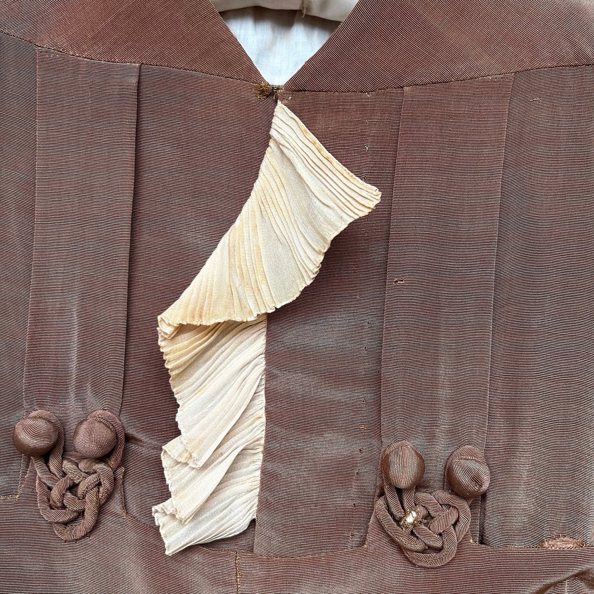 Vintage Child's Top and Trouser Suit: Cinnamon Brown Silk Grosgrain, Ornate Frog Trim - Splendid Vintage World