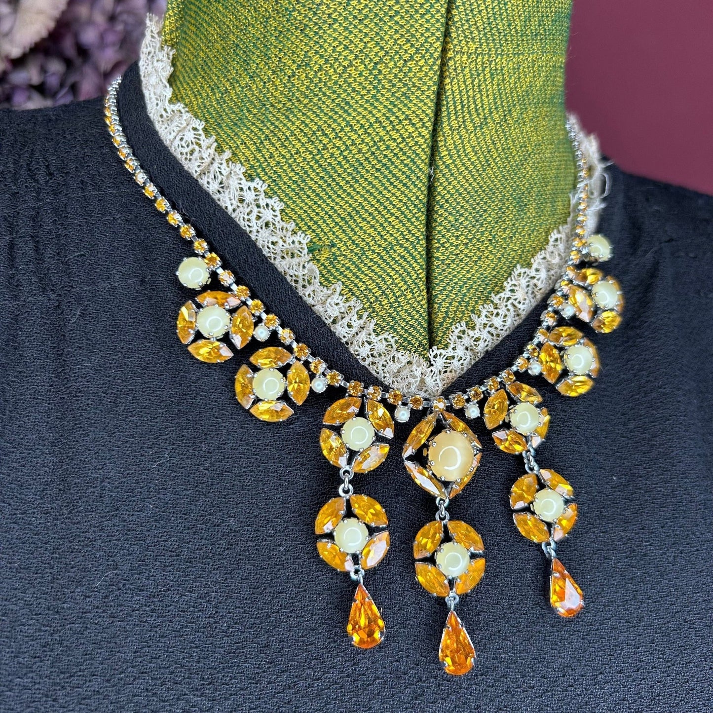 Vintage Citrine Paste Necklace With Floral Droplets & Faux Pearls - Splendid Vintage World