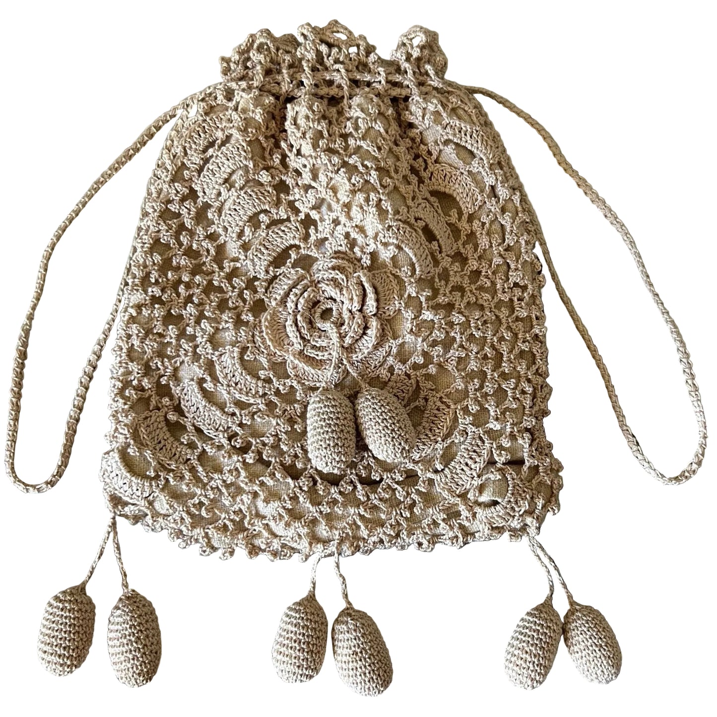 Vintage crochet handbag dimensional flowers & bobbles with drawstring on white background - Splendid Vintage World