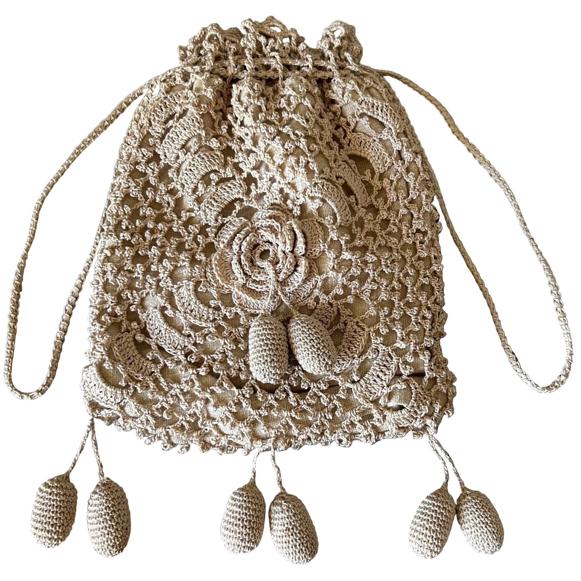 Vintage crochet handbag dimensional flowers & bobbles with drawstring on white background - Splendid Vintage World