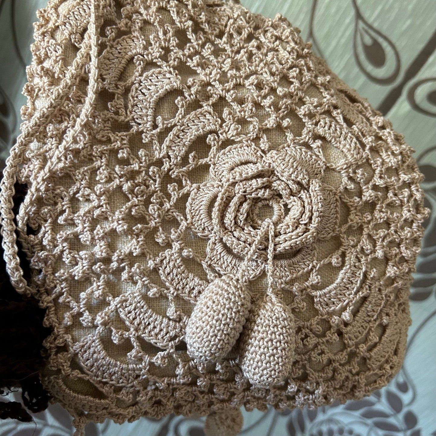 Vintage crochet handbag dimensional flowers & bobbles against patterned fabric  - Splendid Vintage World