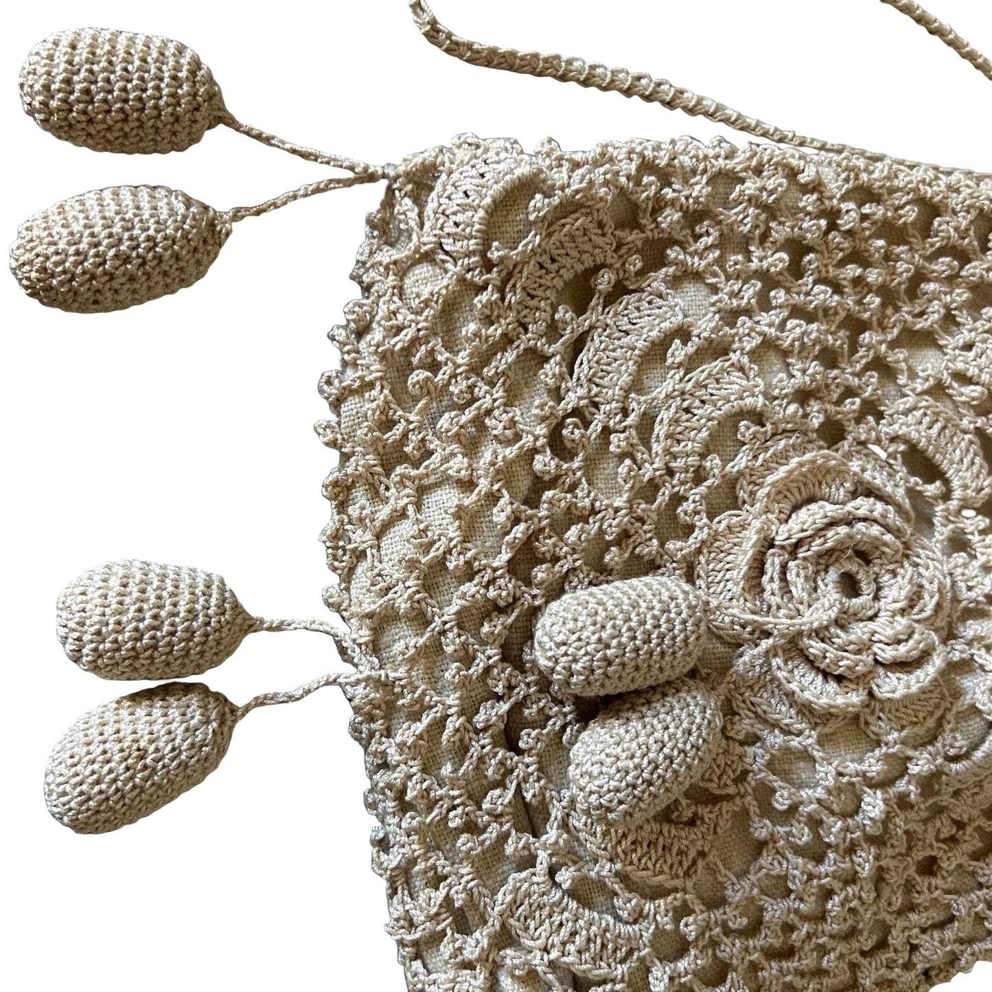 Vintage crochet handbag dimensional flowers & bobbles with drawstring on white background- Splendid Vintage World