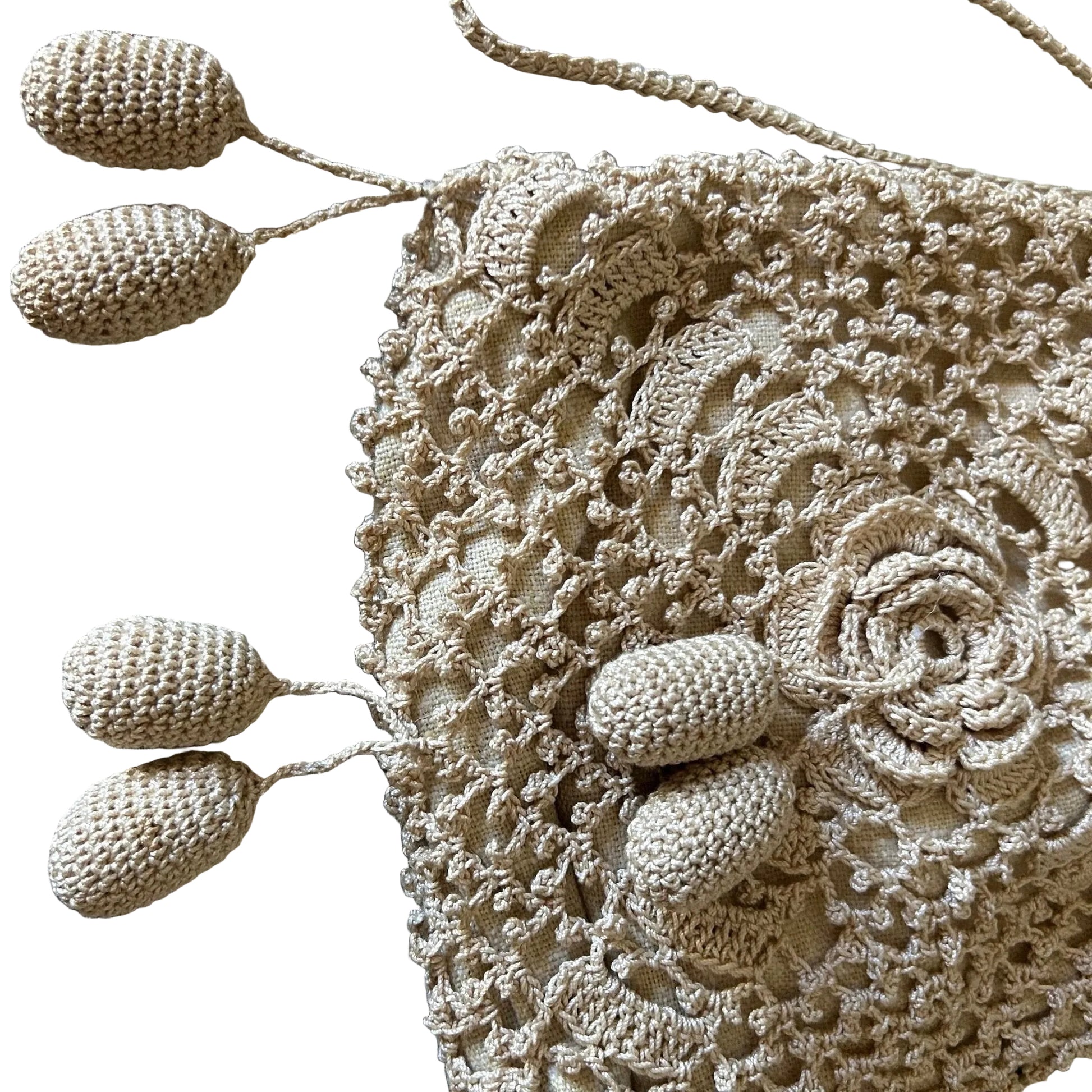 Vintage crochet handbag dimensional flowers & bobbles with drawstring on white background- Splendid Vintage World