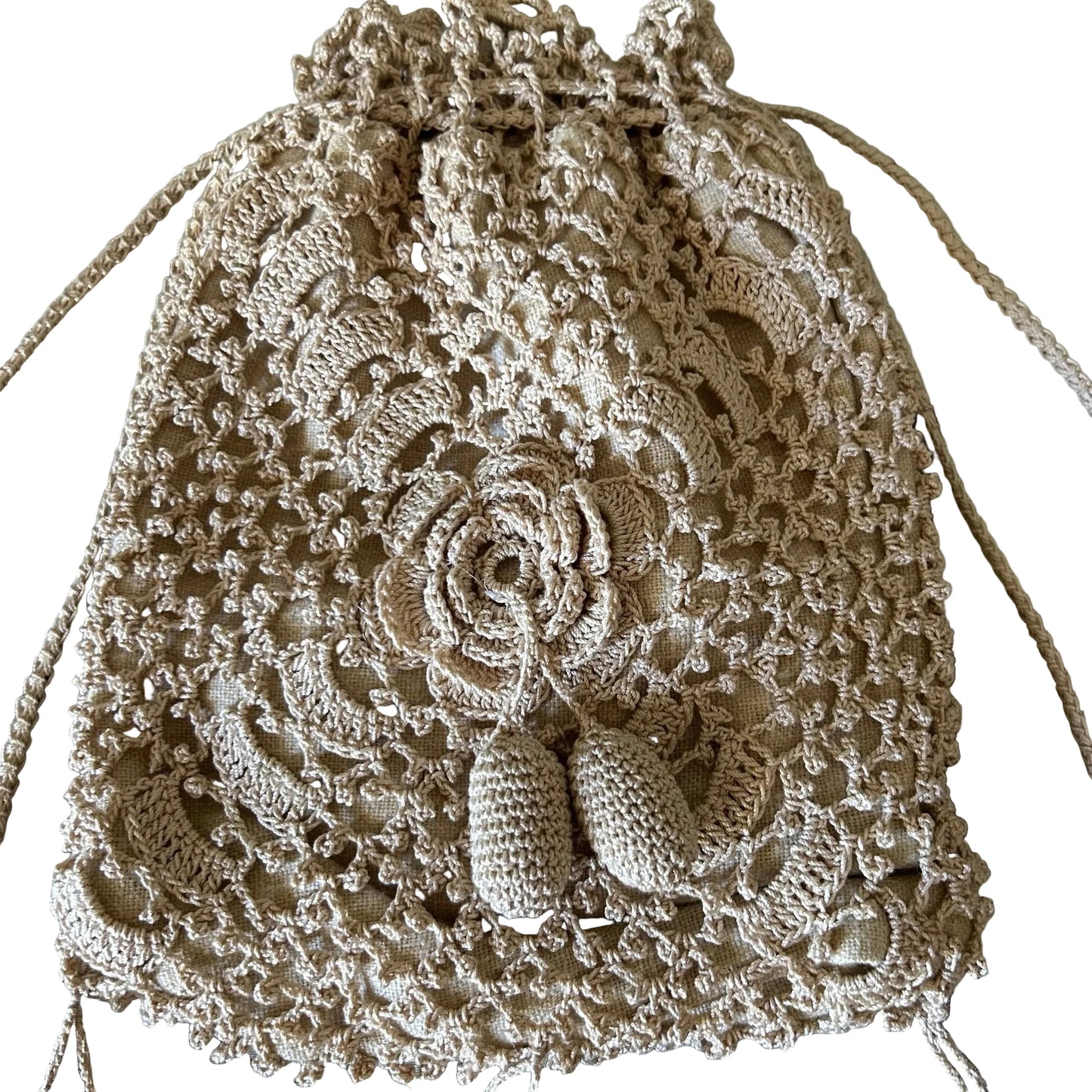 Vintage crochet handbag dimensional flowers & bobbles with drawstring on white background- Splendid Vintage World