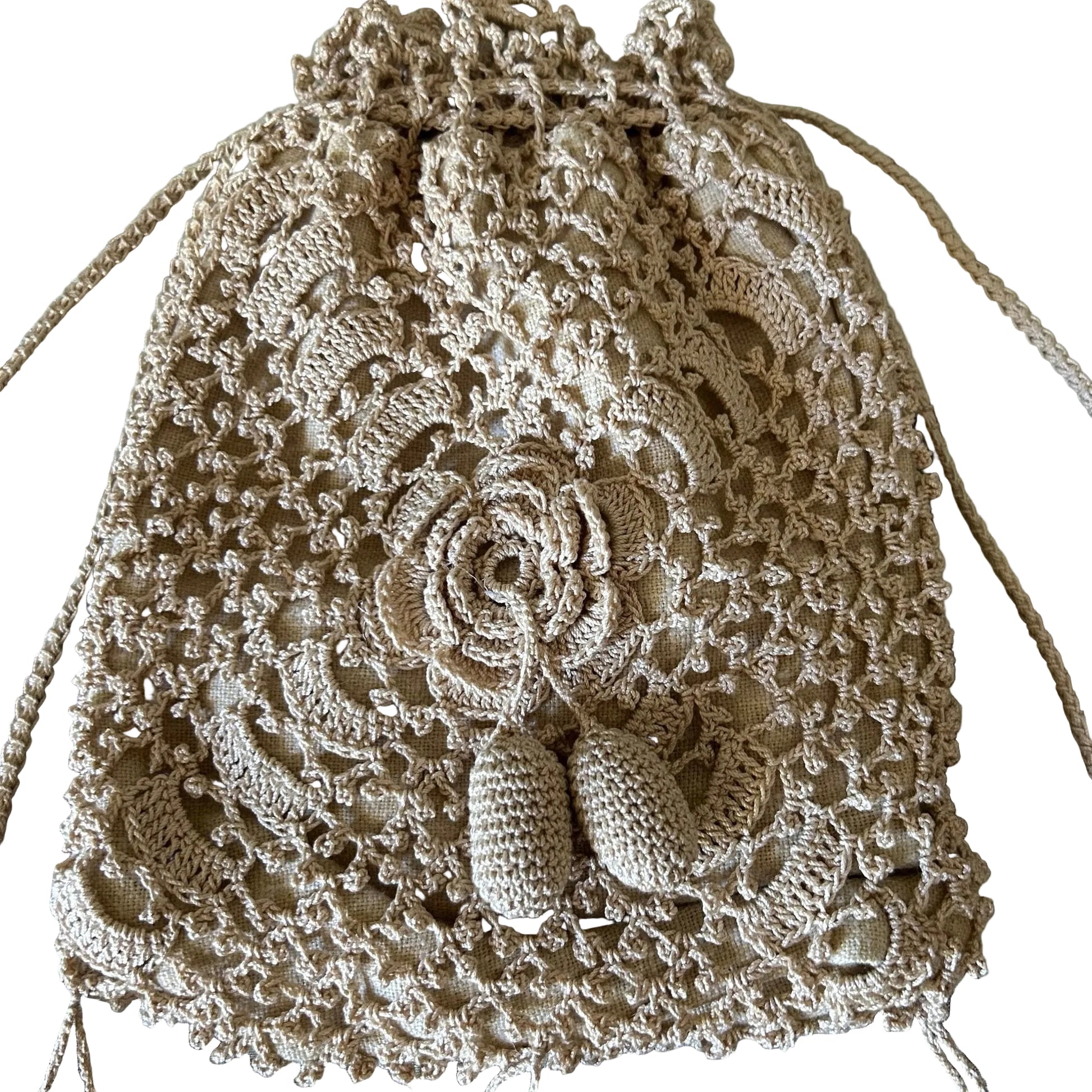 Vintage crochet handbag dimensional flowers & bobbles with drawstring on white background- Splendid Vintage World