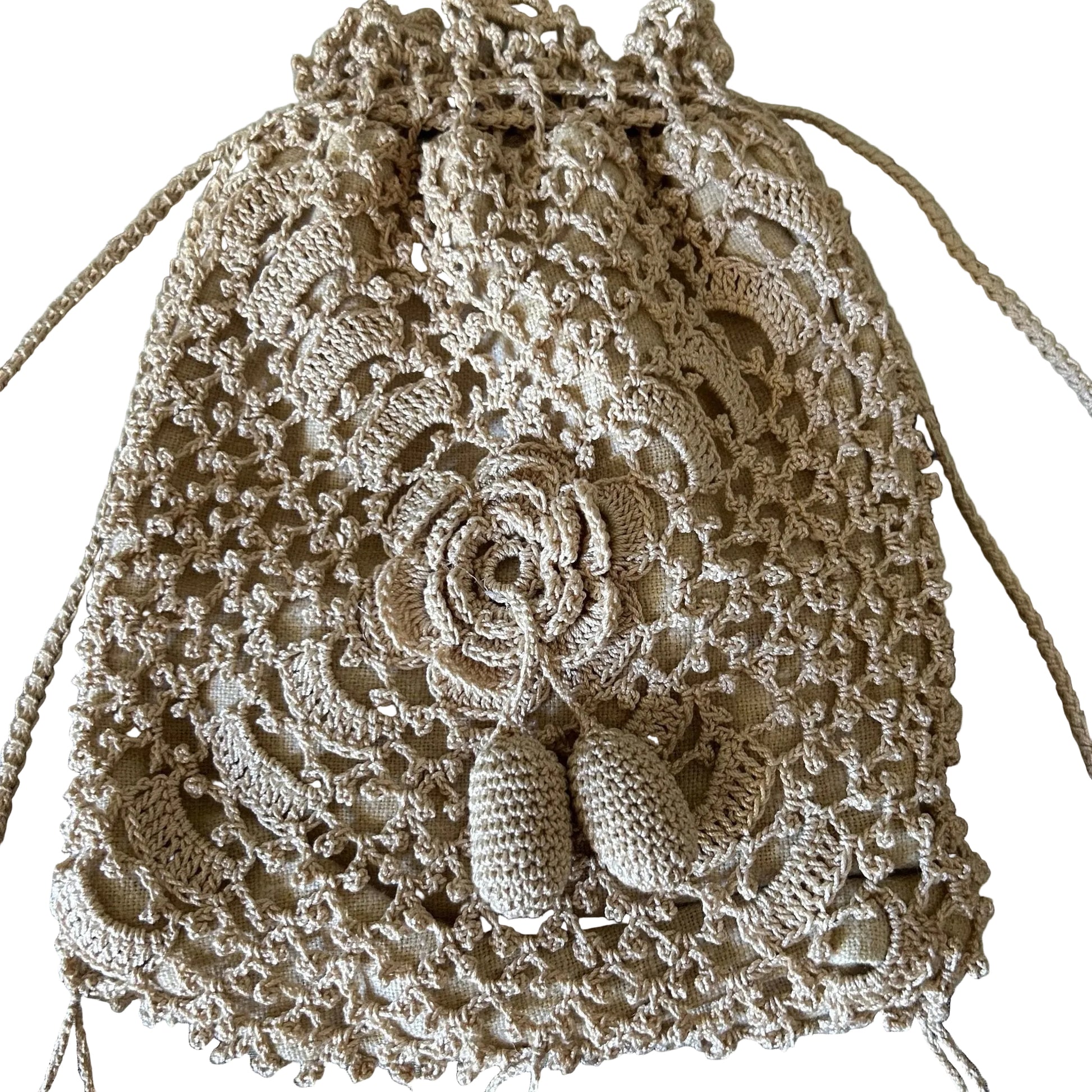 Vintage crochet handbag dimensional flowers & bobbles with drawstring on white background - Splendid Vintage World