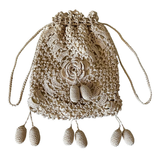 Vintage crochet handbag dimensional flowers & bobbles with drawstring on white background - Splendid Vintage World