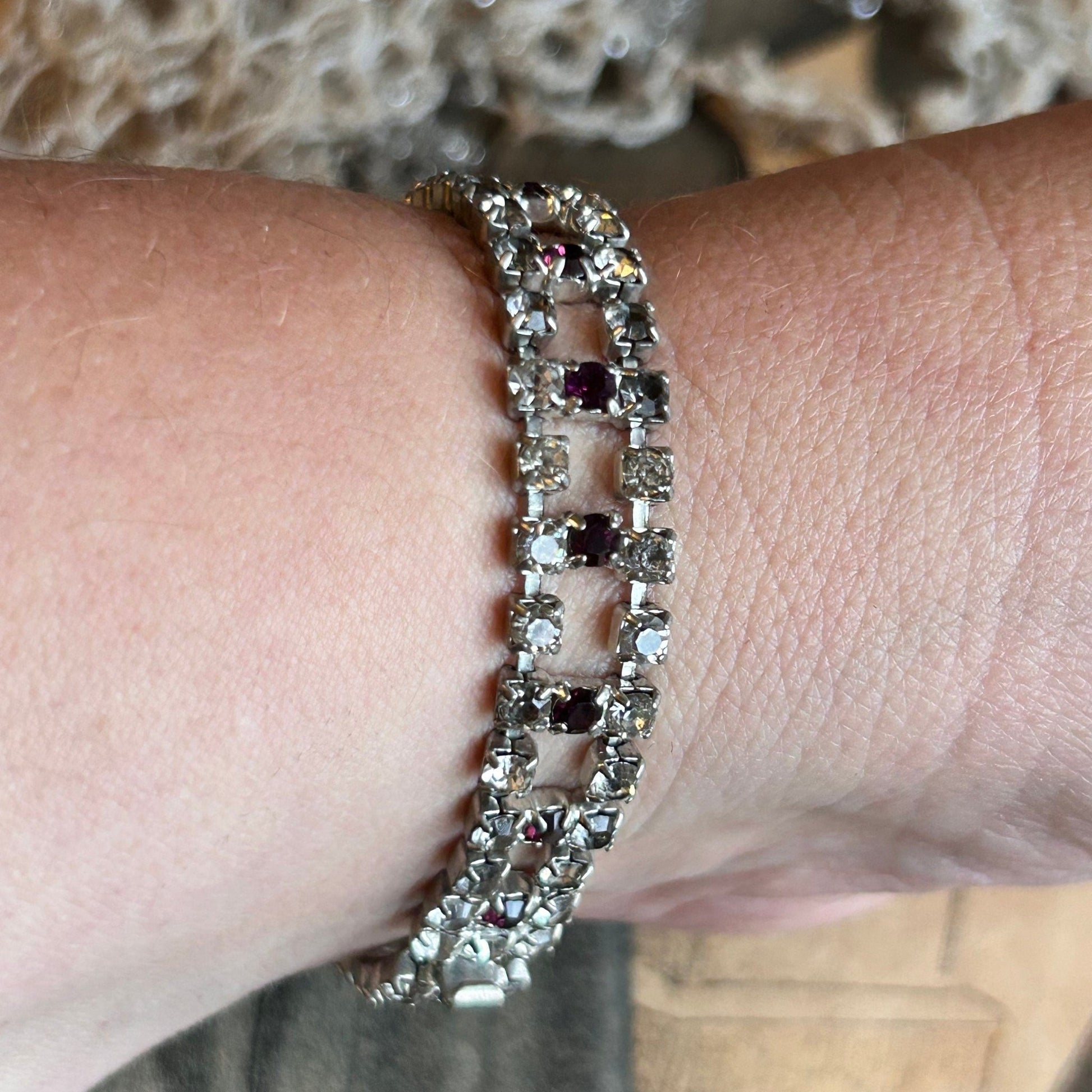 Vintage diamanté bracelet clear & amethyst paste on wrist - Splendid Vintage World