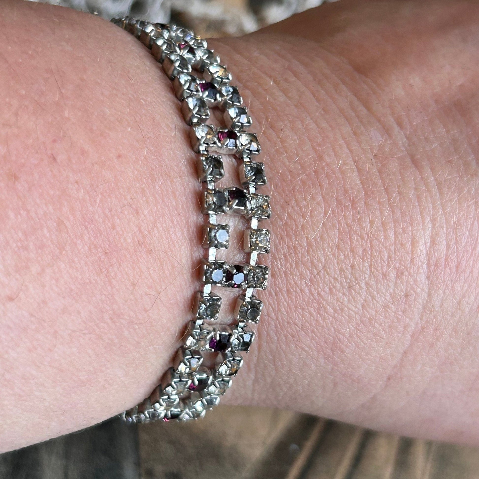 Vintage diamanté bracelet clear & amethyst paste on wrist - Splendid Vintage World
