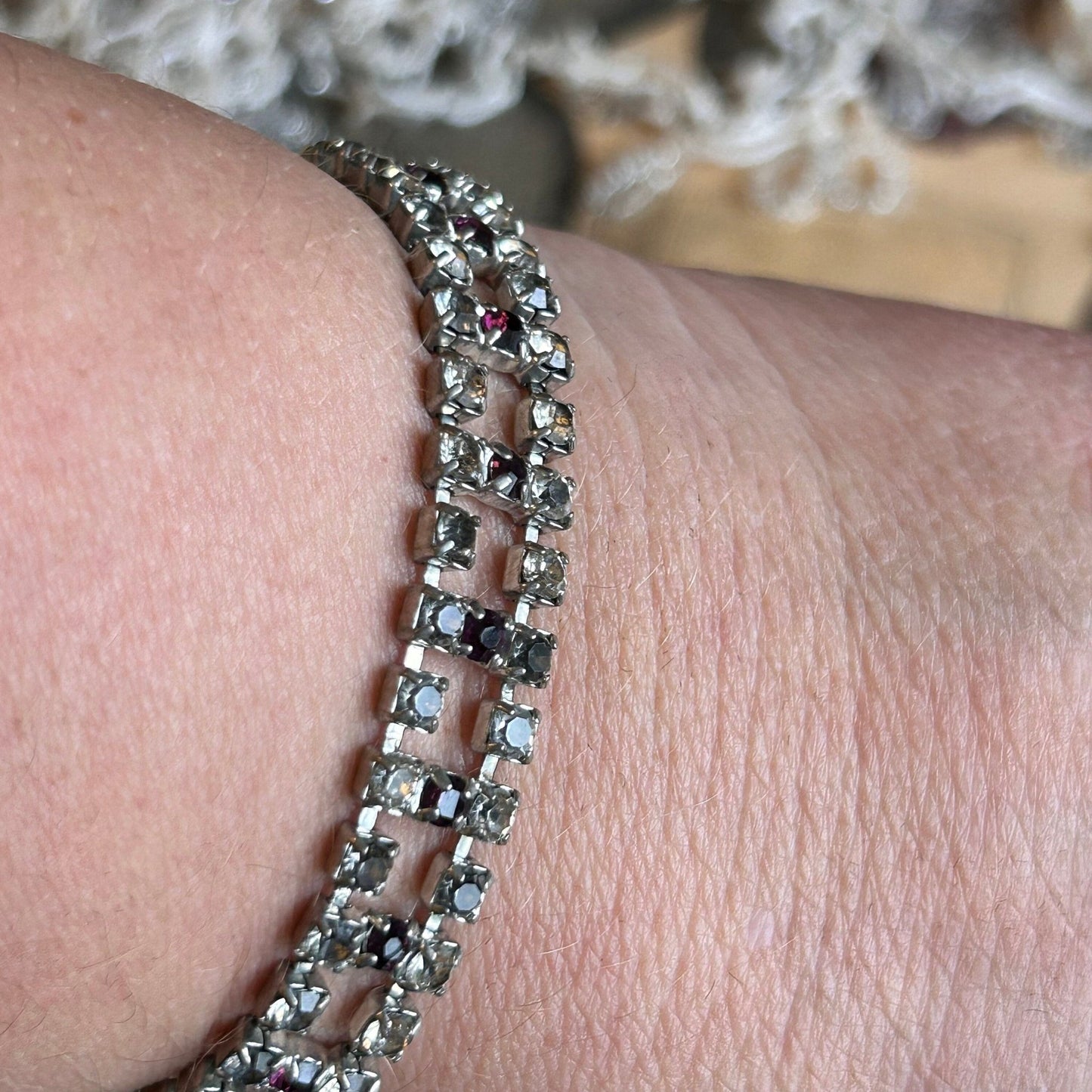 Vintage diamanté bracelet clear & amethyst paste on wrist - Splendid Vintage World