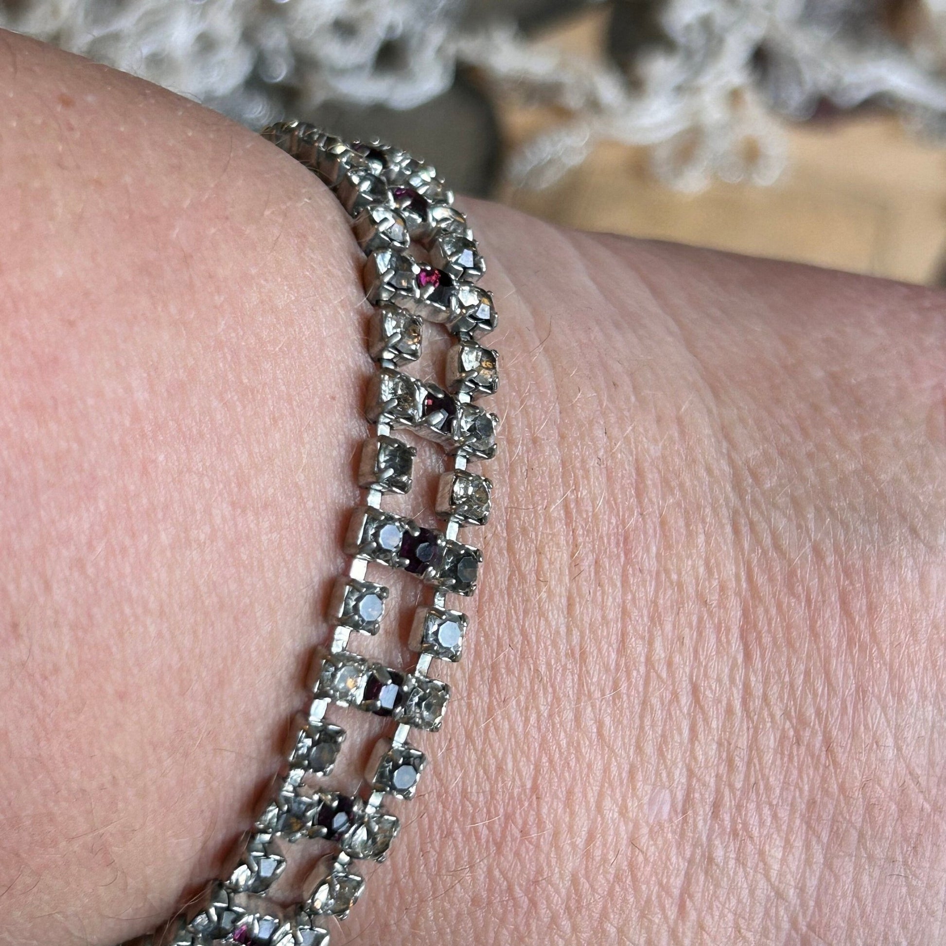 Vintage diamanté bracelet clear & amethyst paste on wrist - Splendid Vintage World