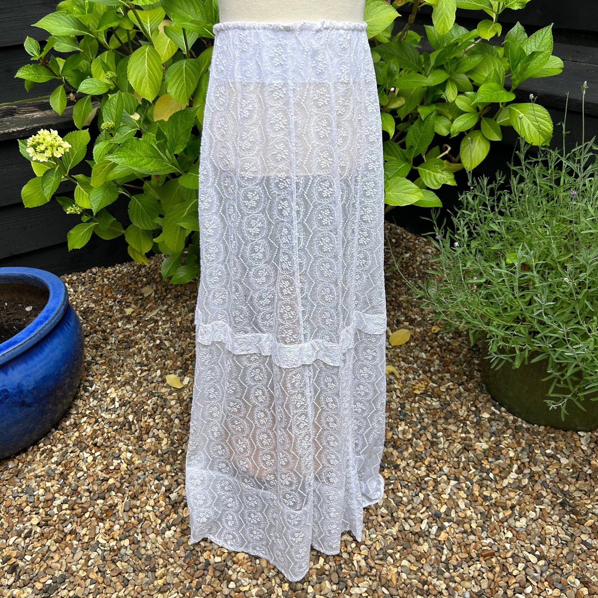 Vintage Embroidered Lace Wedding Skirt - Sheer White Net, 23.5" Waist - Splendid Vintage World