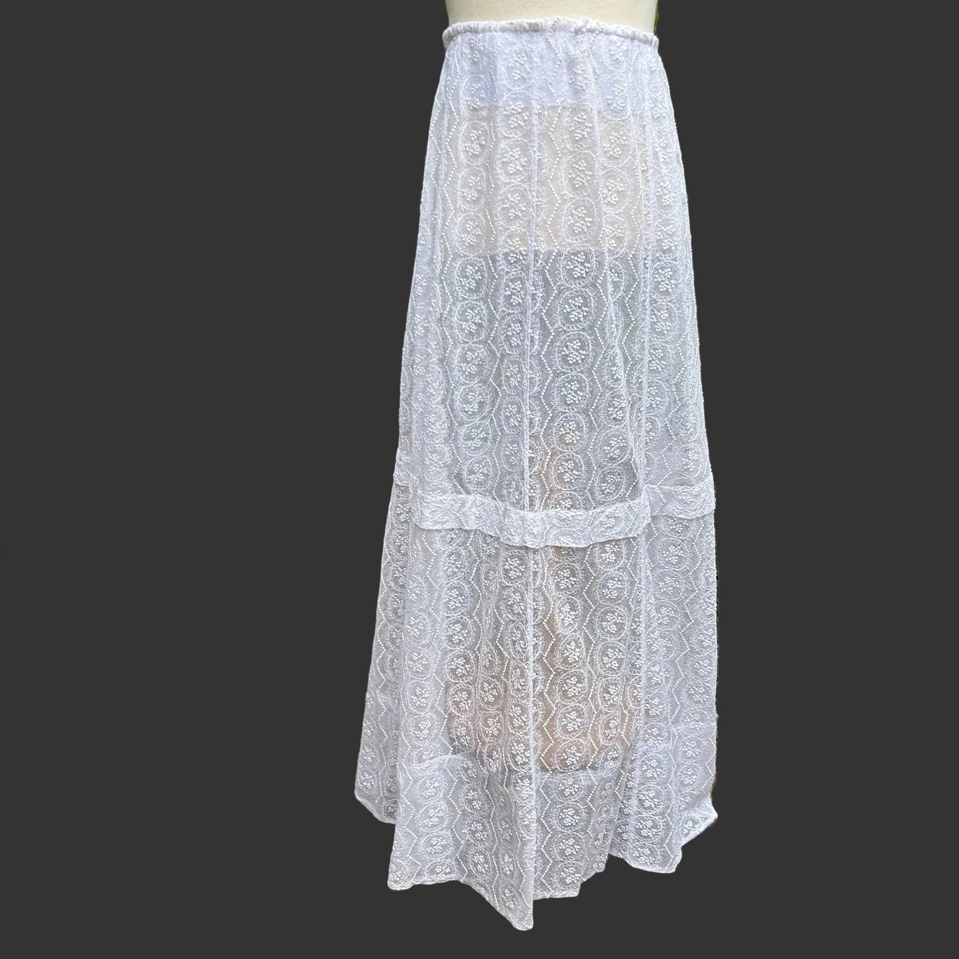 Vintage Embroidered Lace Wedding Skirt - Sheer White Net, 23.5" Waist - Splendid Vintage World