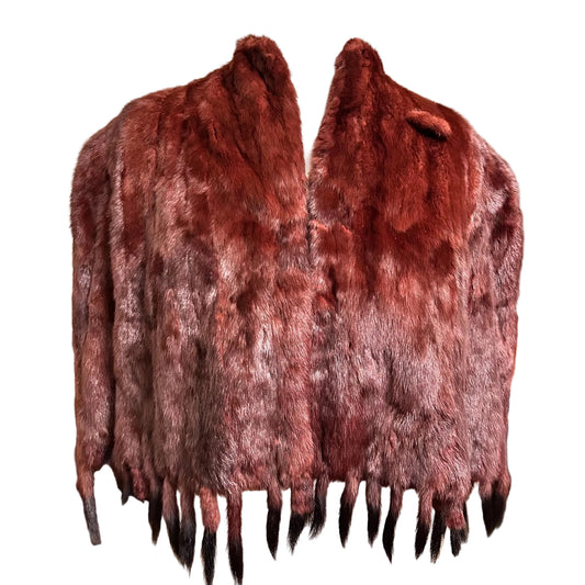 red ermine fur cape with tails and corsage loop on white backing - Splendid Vintage World