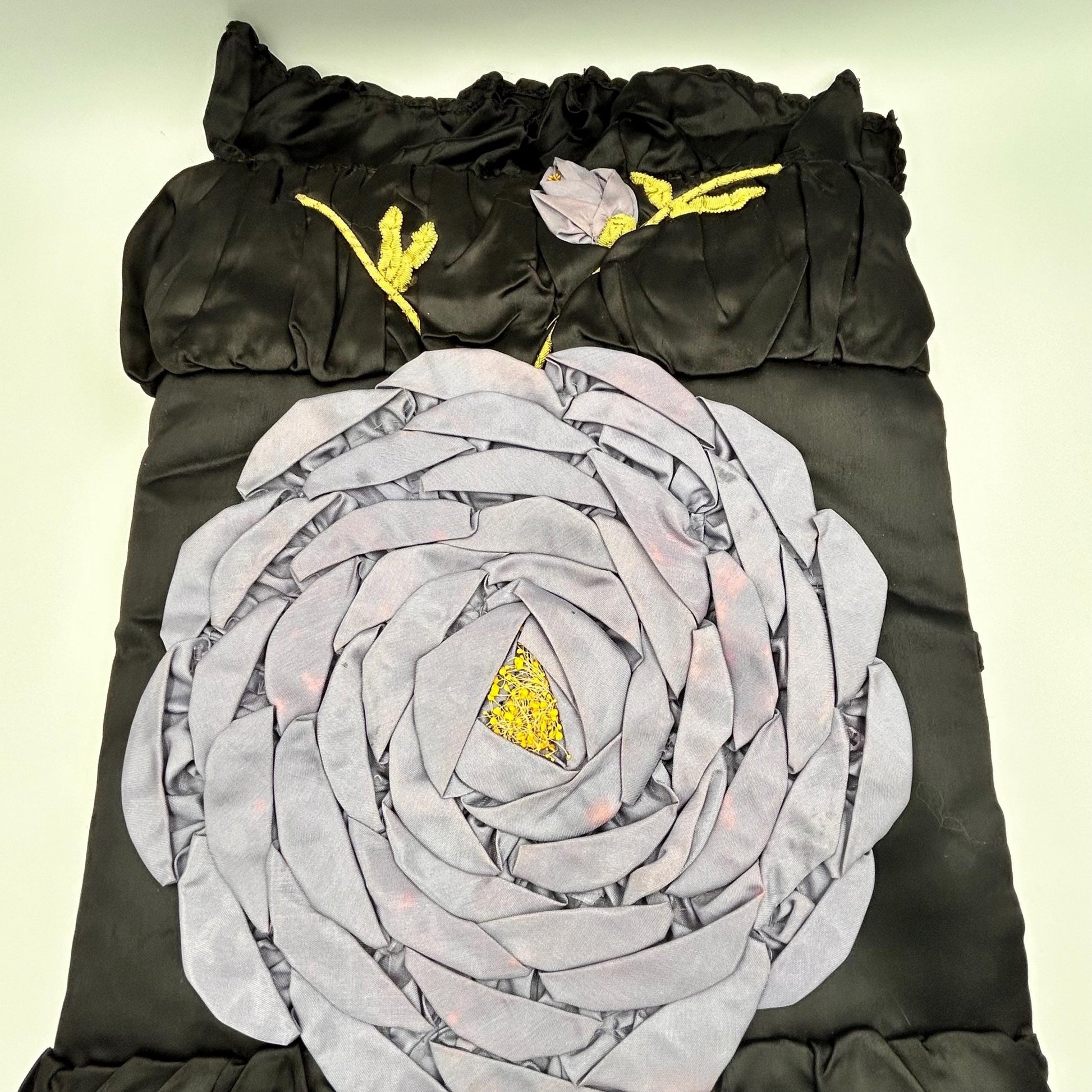 Vintage Floral Appliqué Pillow Case: Black Silk Satin, Purple Flowers - Splendid Vintage World
