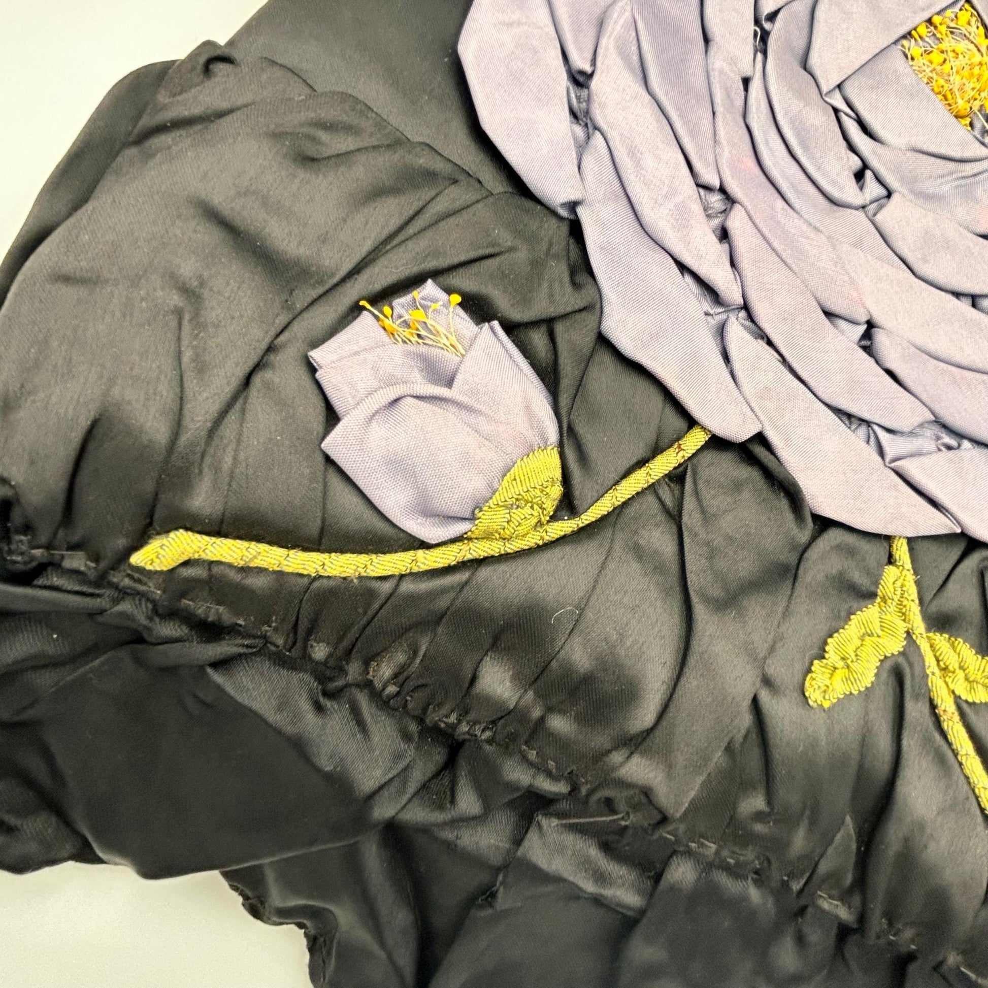 Vintage Floral Appliqué Pillow Case: Black Silk Satin, Purple Flowers - Splendid Vintage World