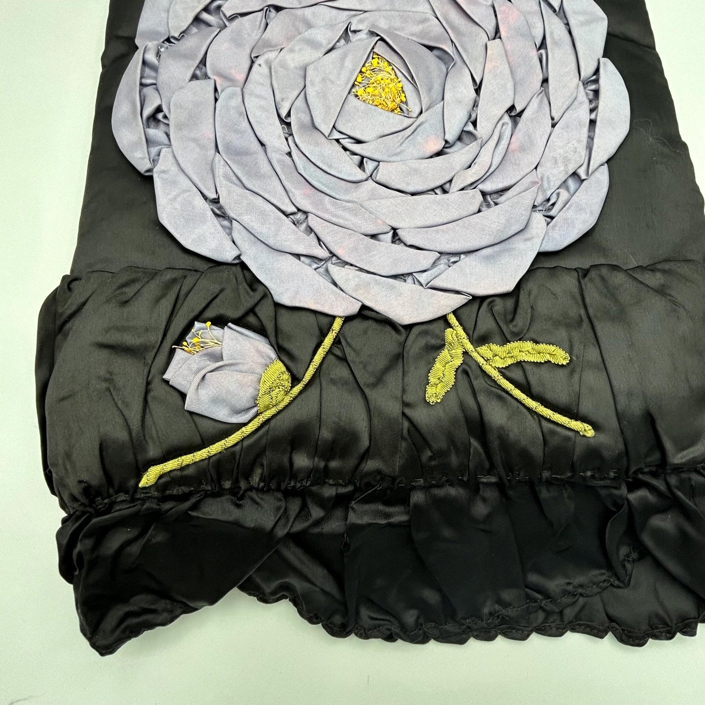 Vintage Floral Appliqué Pillow Case: Black Silk Satin, Purple Flowers - Splendid Vintage World