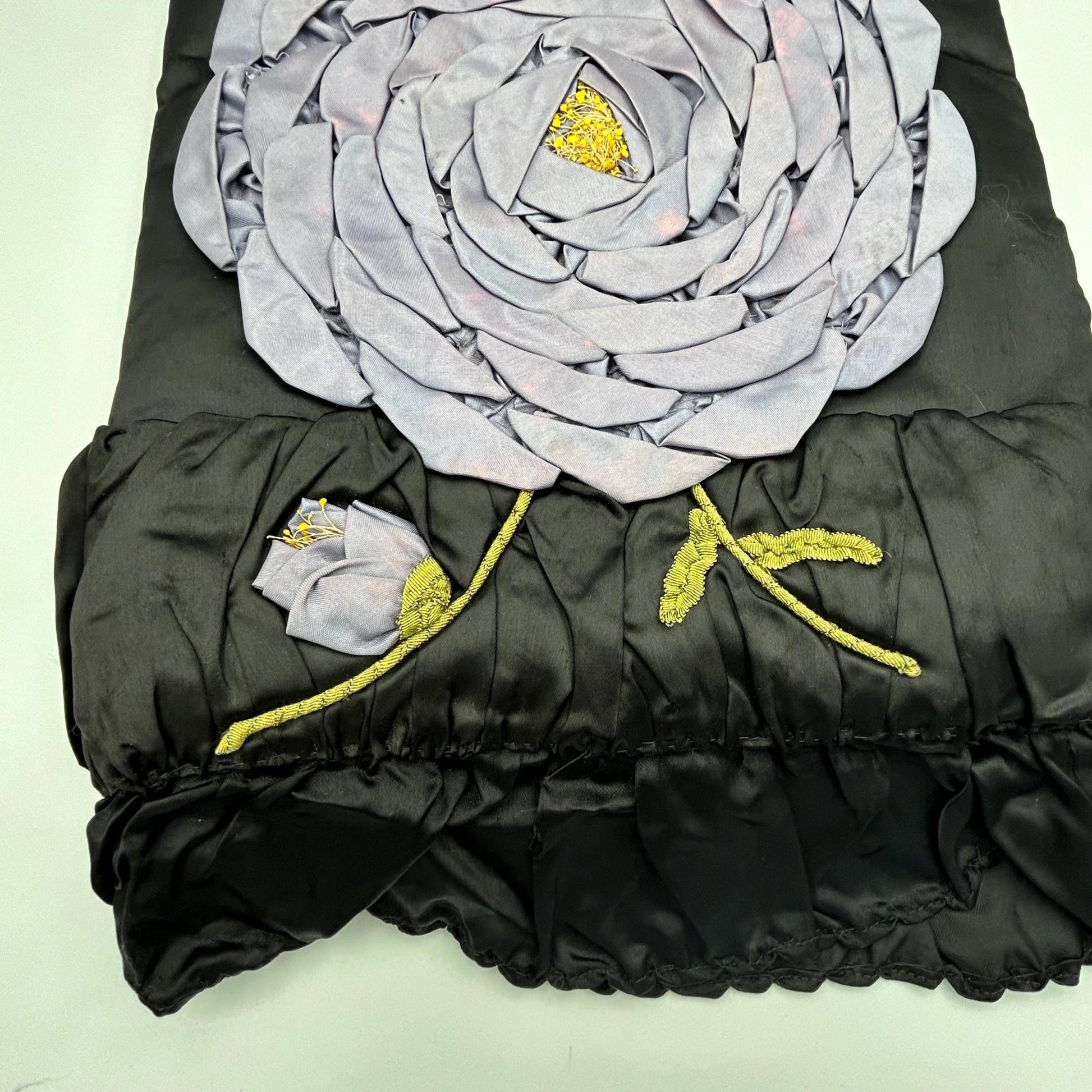 Vintage Floral Appliqué Pillow Case: Black Silk Satin, Purple Flowers - Splendid Vintage World