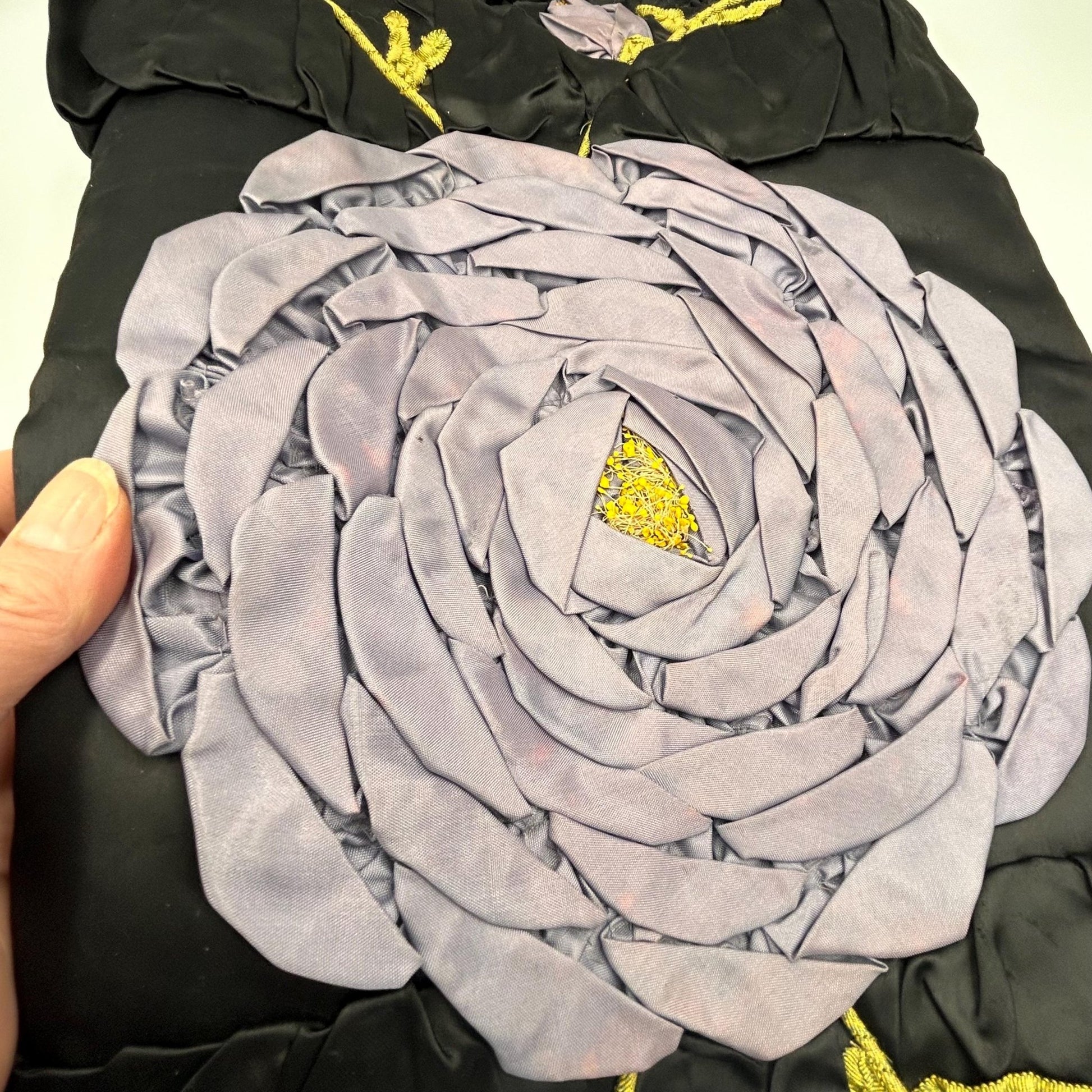 Vintage Floral Appliqué Pillow Case: Black Silk Satin, Purple Flowers - Splendid Vintage World