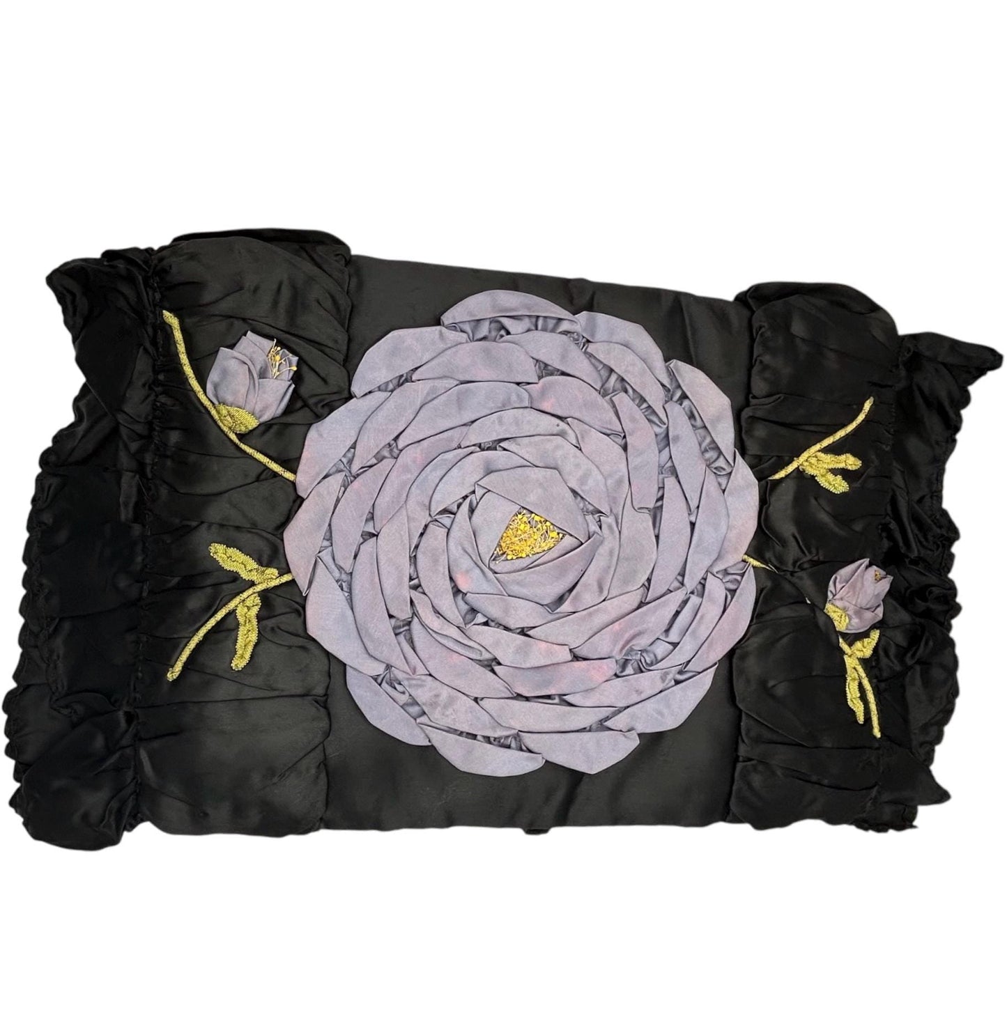 Vintage Floral Appliqué Pillow Case: Black Silk Satin, Purple Flowers - Splendid Vintage World