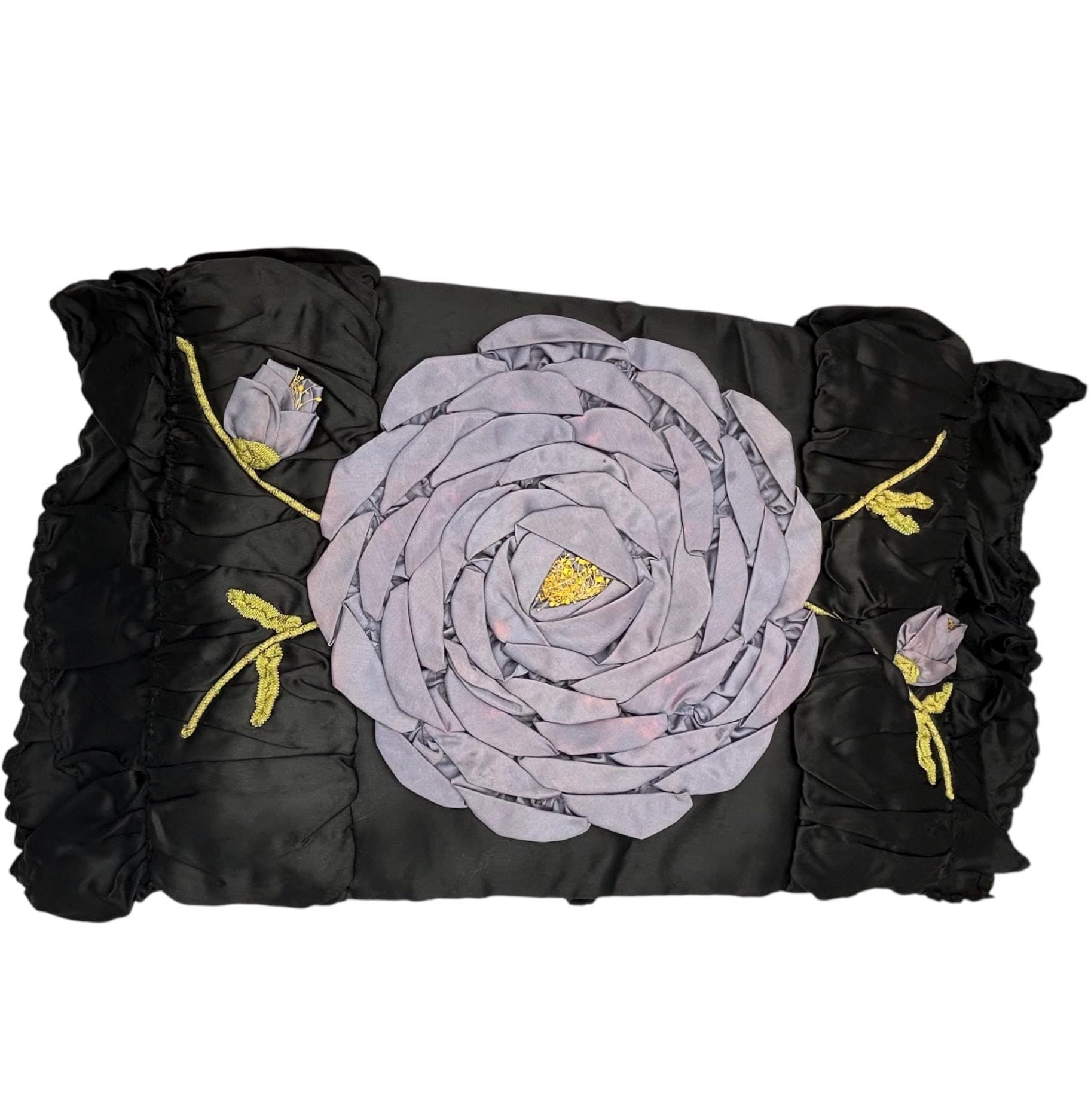 Vintage Floral Appliqué Pillow Case: Black Silk Satin, Purple Flowers - Splendid Vintage World