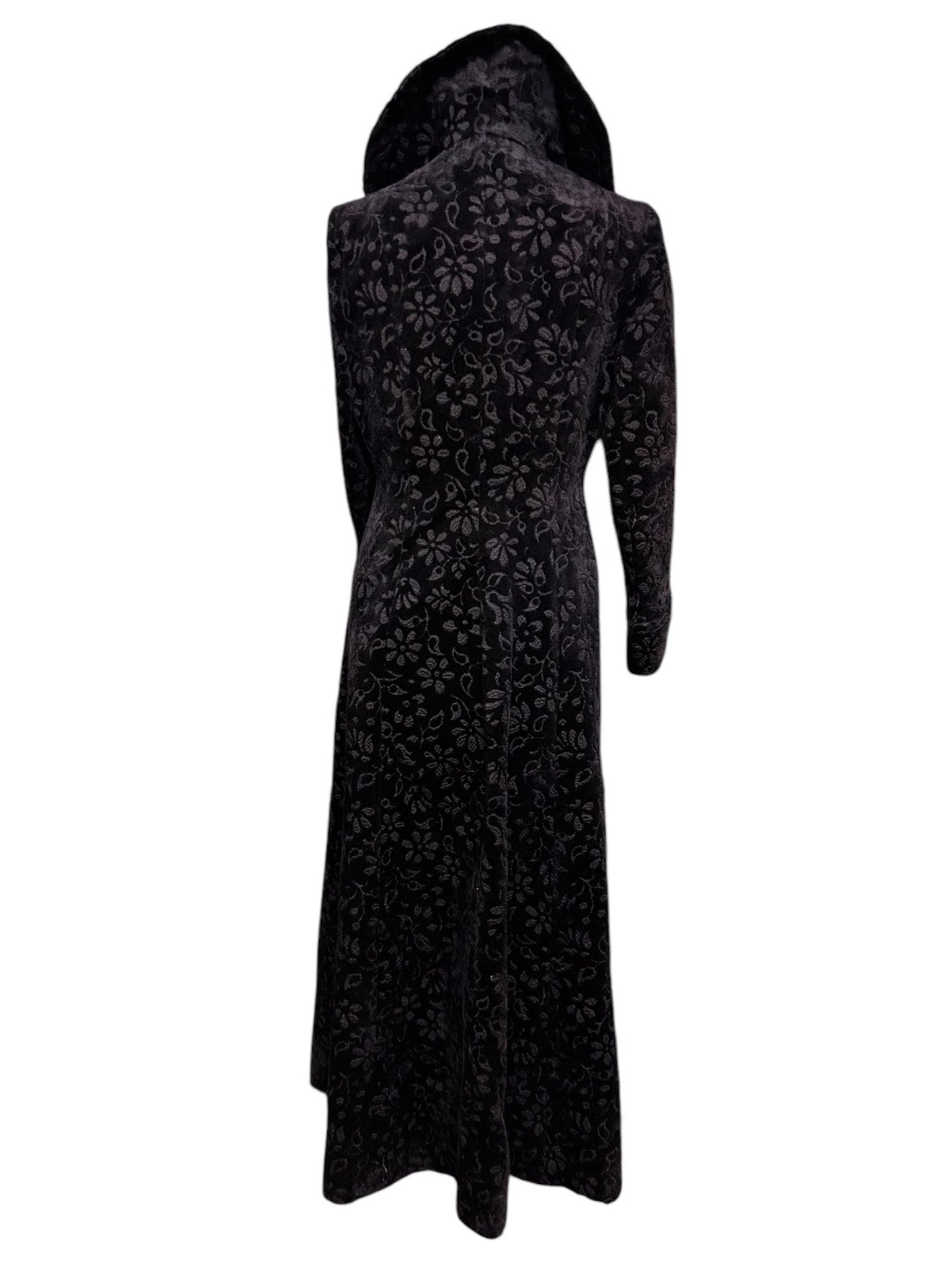 back view Vintage long black floral velvet coat fit & flare victorian Edwardian style white backdrop- Splendid Vintage World