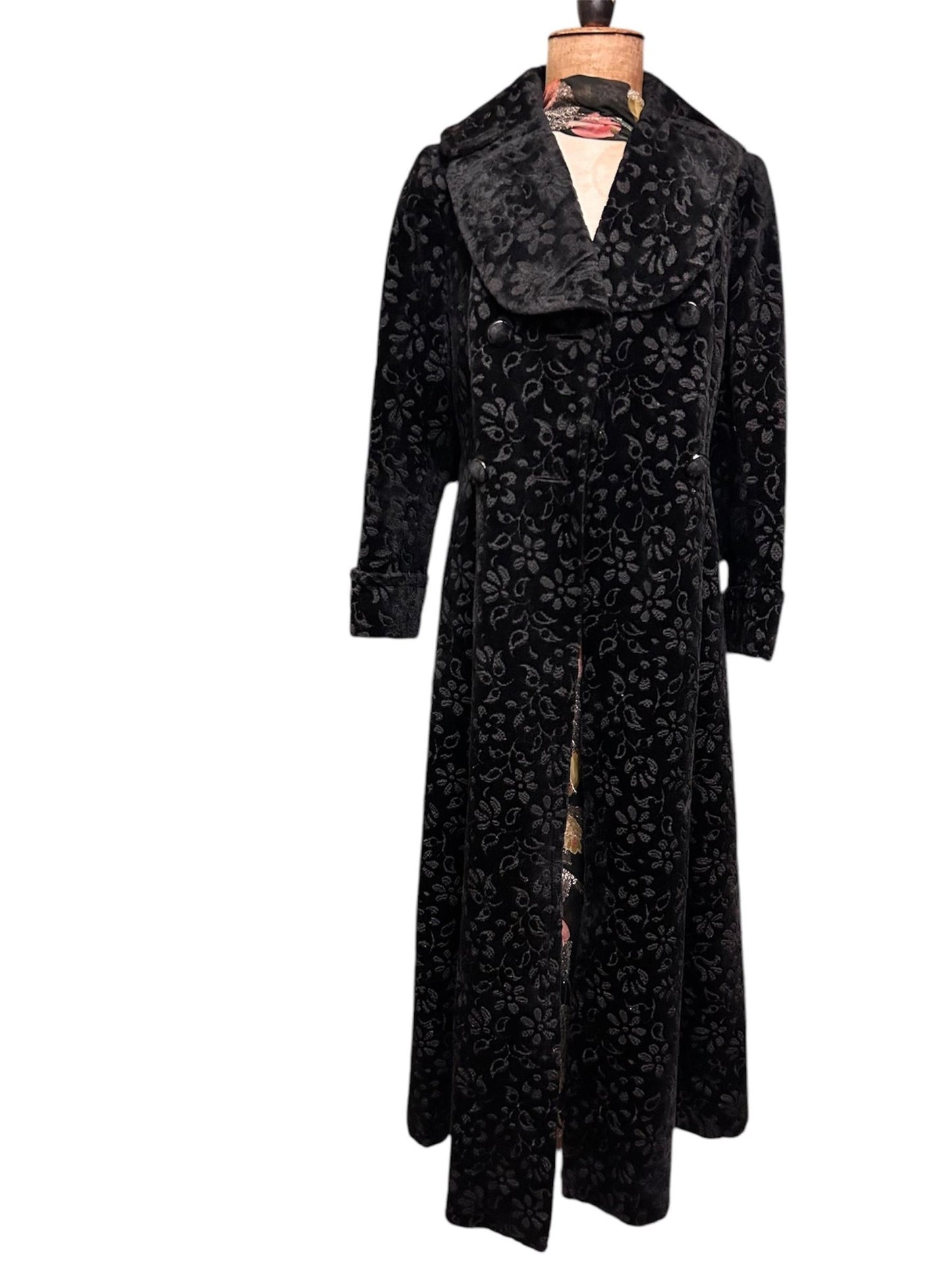 Vintage black long floral coat double breasted fit & flare Edwardian style with white backdrop - Splendid Vintage World