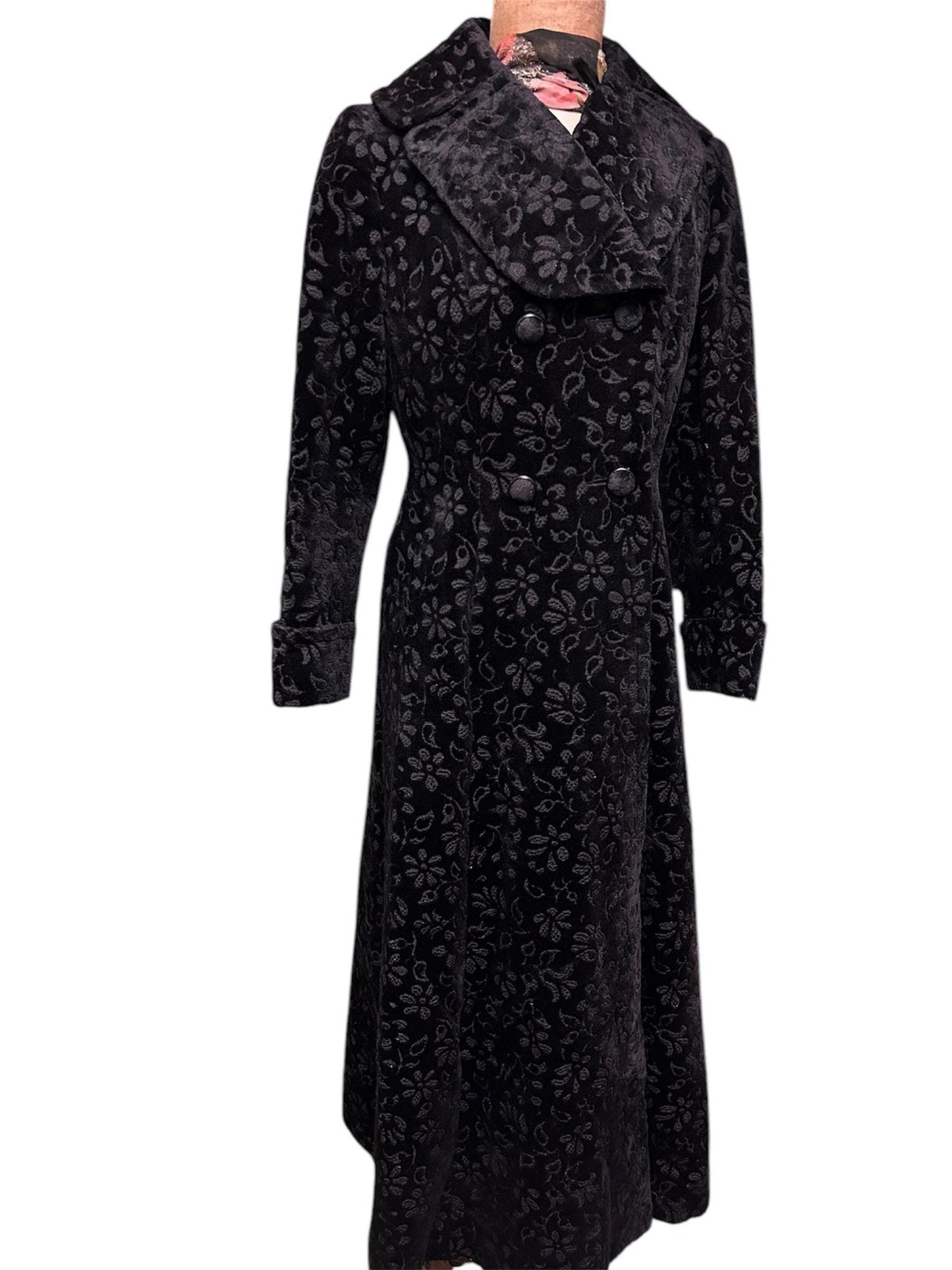 Vintage long black floral velvet coat double breasted fit & flare Edwardian style white backdrop - Splendid Vintage World