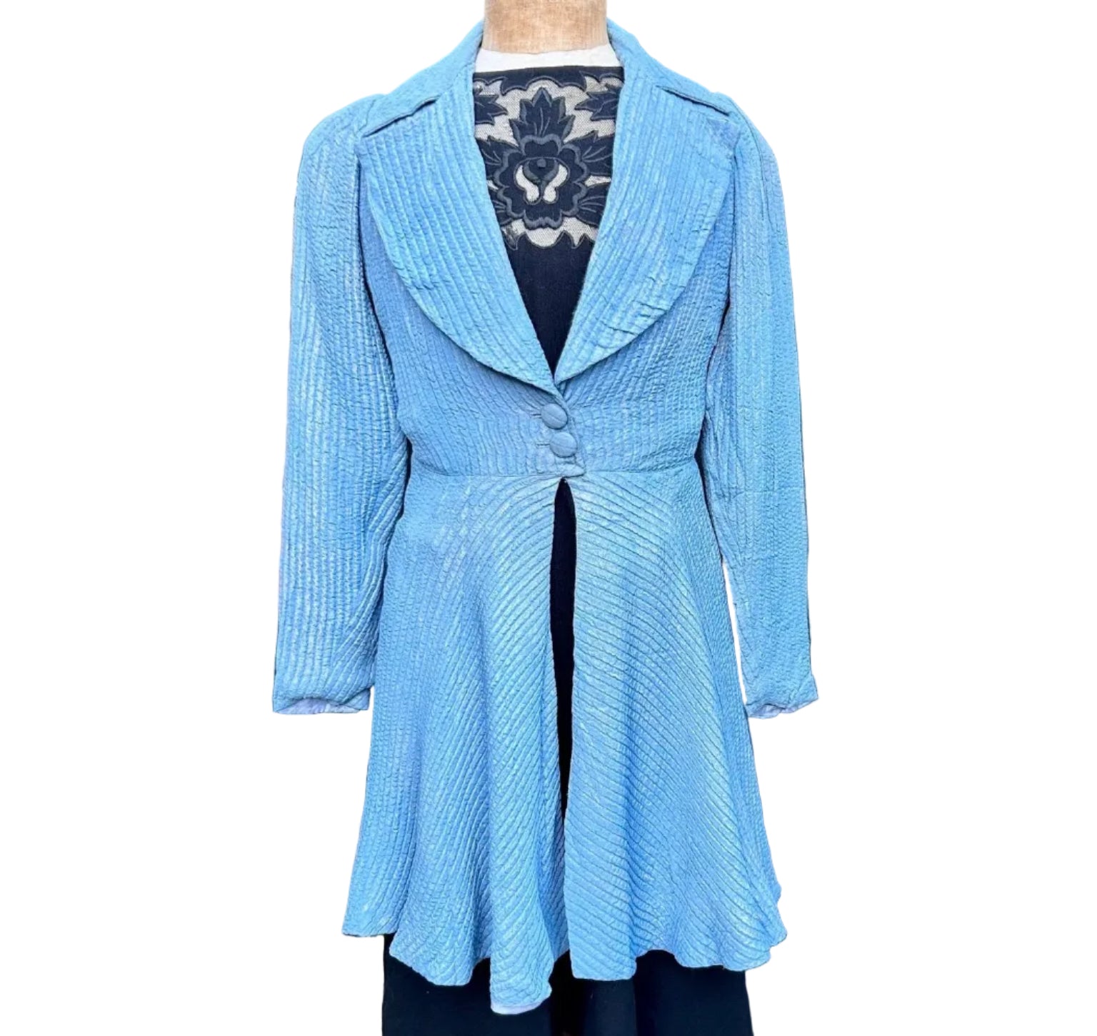 Vintage lame coat blue & silver large collar fit & flare over black dress on white background- Splendid Vintage World