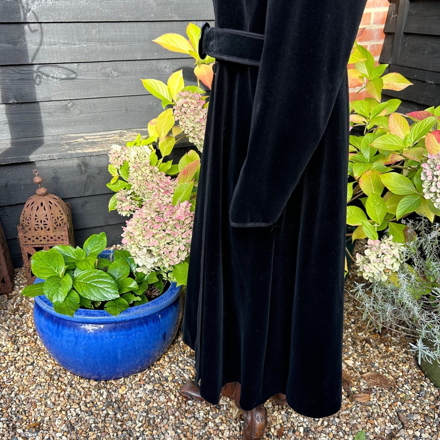 Vintage Long Black Velvet Coat: UK Size 16, Braid Trim, Belted - Splendid Vintage World