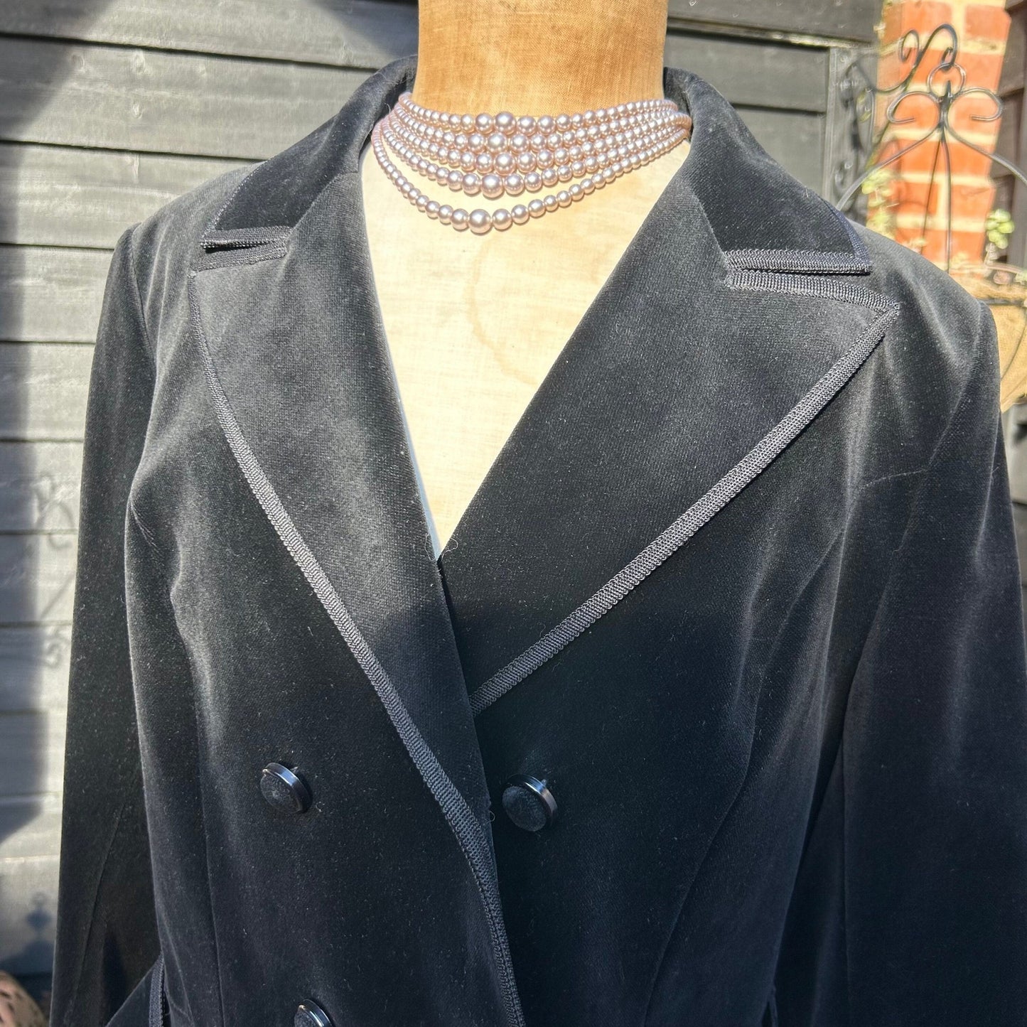collar detailing of Vintage Long Black Velvet Coat: UK Size 16, Braid Trim, Belted - Splendid Vintage World