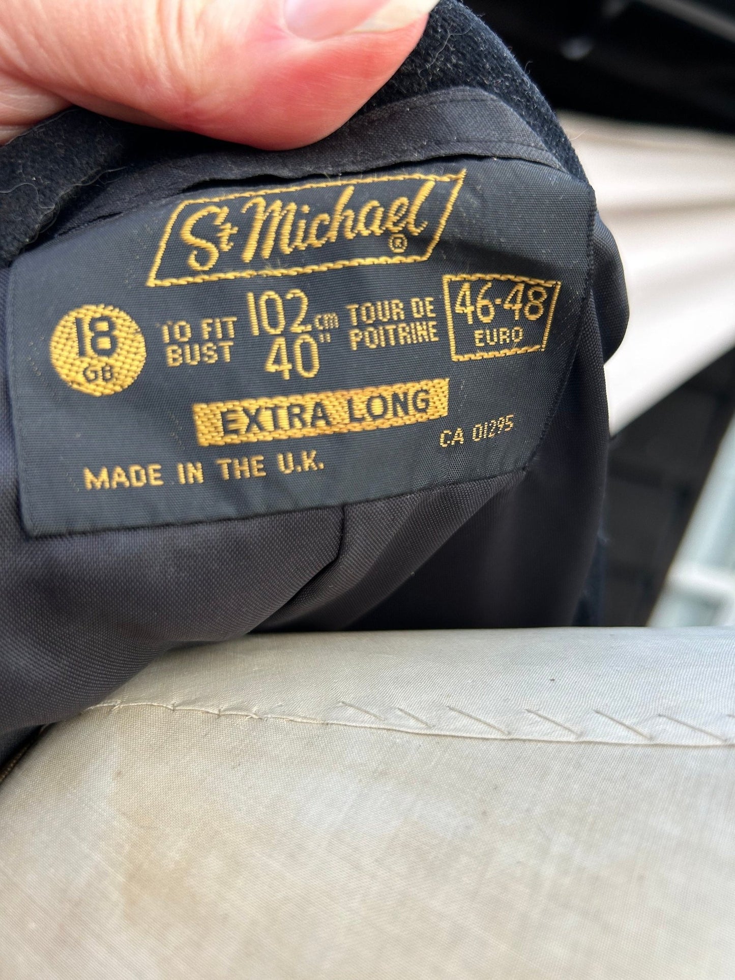 St Michael label for Vintage Long Black Velvet Coat: UK Size 16, double breasted, Braid Trim, Belted - Splendid Vintage World