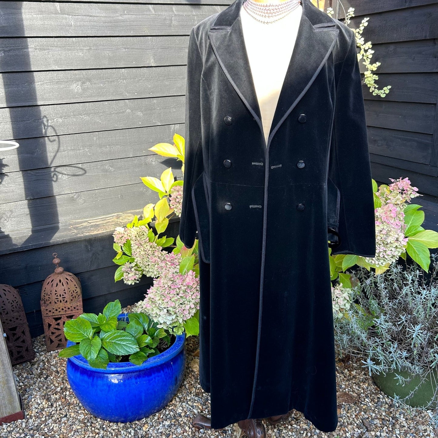 Vintage Long Black Velvet Coat: UK Size 16, Braid Trim, Belted - Splendid Vintage World