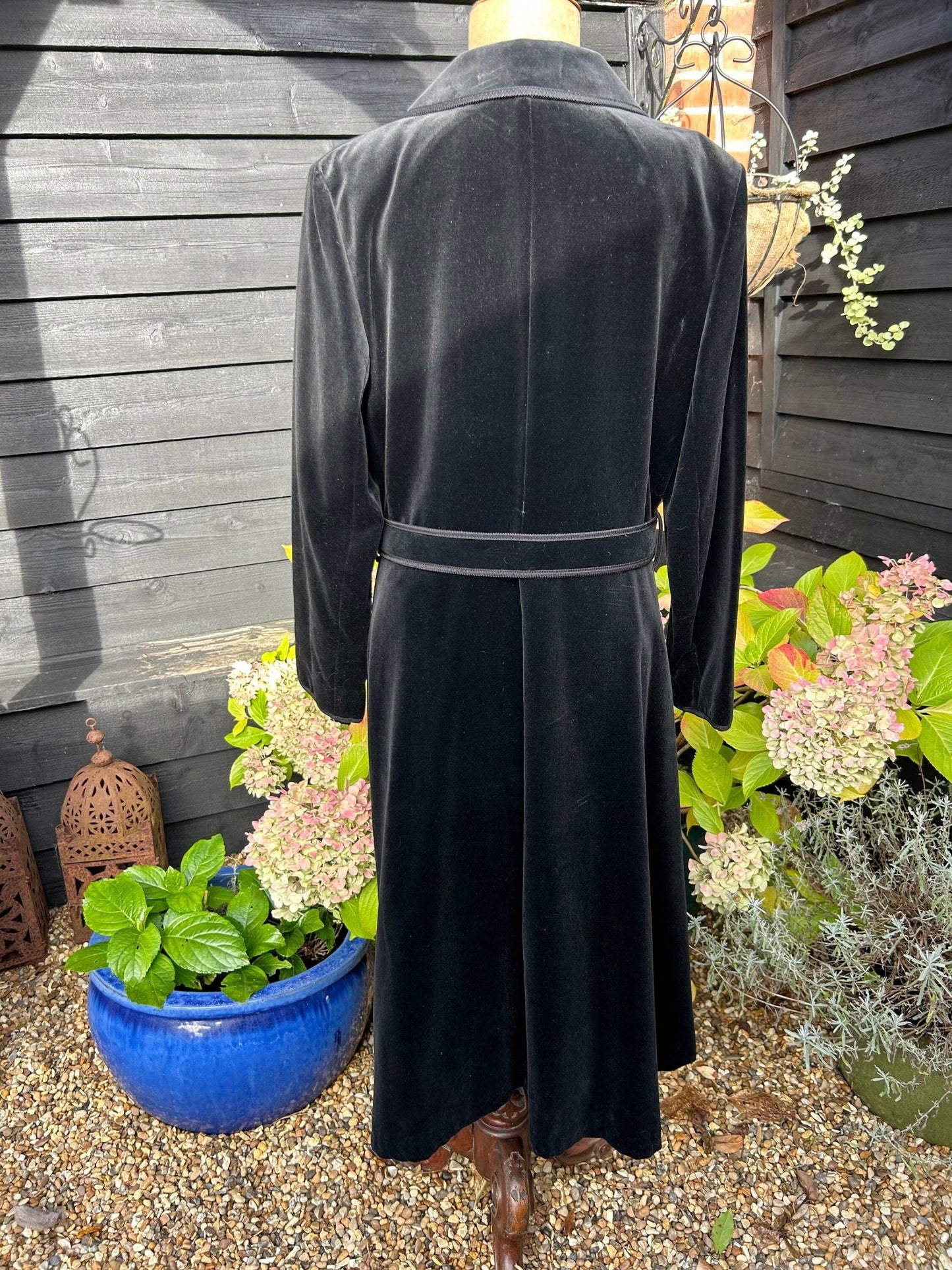 Vintage Long Black Velvet Coat: UK Size 16, Braid Trim, Belted - Splendid Vintage World