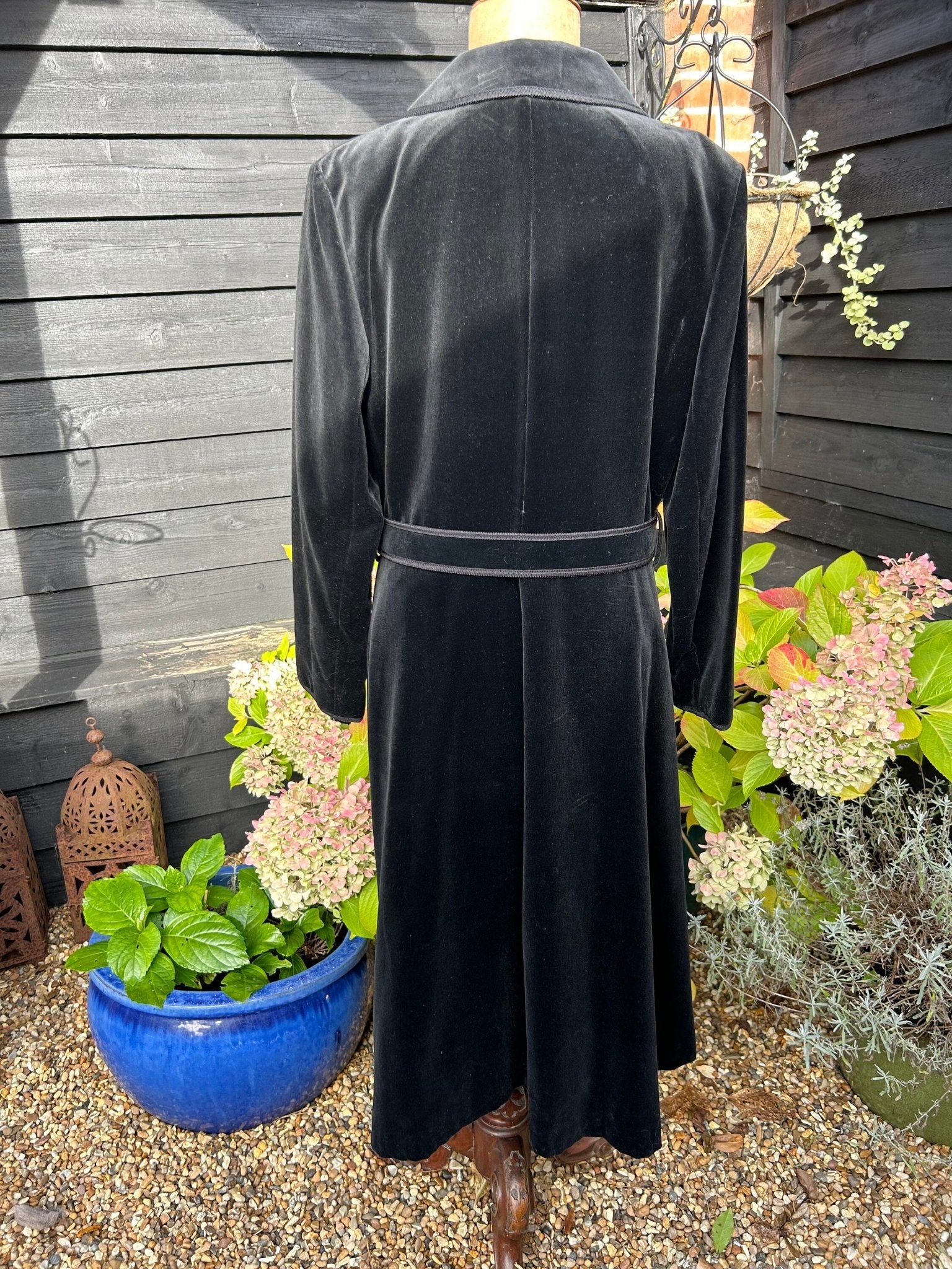 Vintage Long Black Velvet Coat: UK Size 16, Braid Trim, Belted - Splendid Vintage World