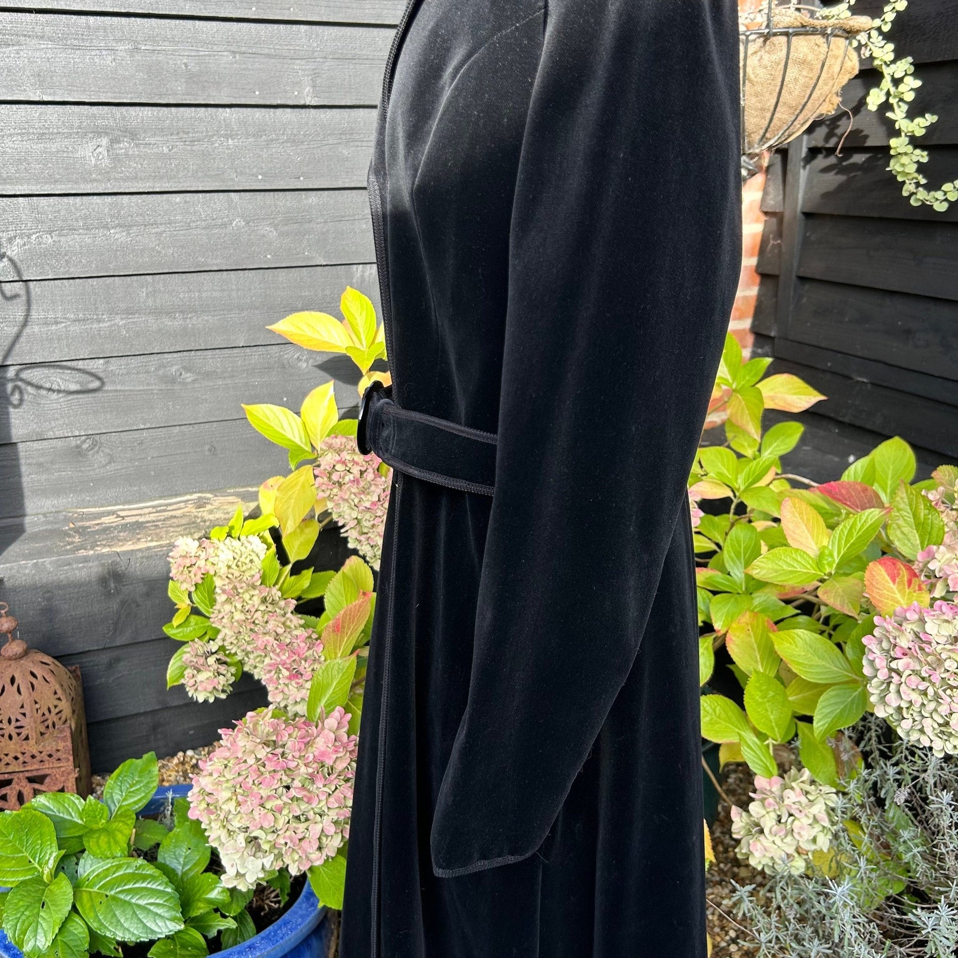 Vintage Long Black Velvet Coat: UK Size 16, Braid Trim, Belted - Splendid Vintage World