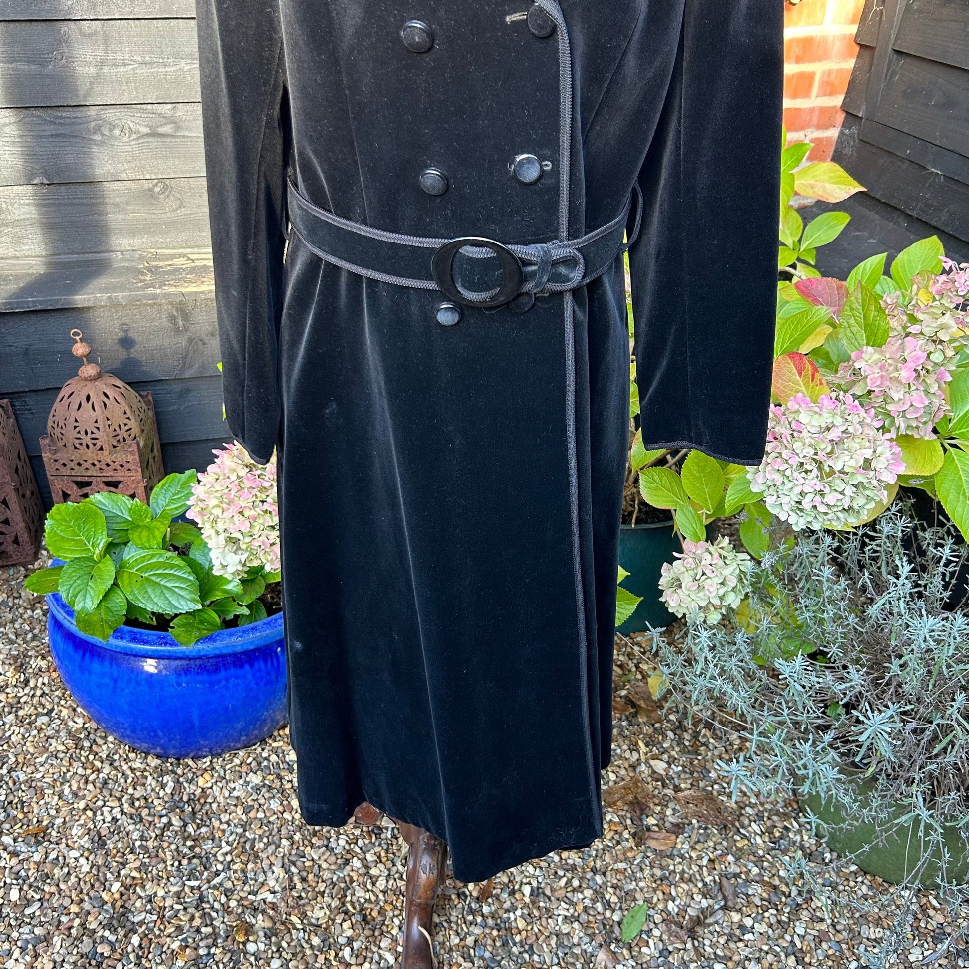 Vintage Long Black double breasted Velvet Coat: UK Size 16, Braid Trim, Belted - Splendid Vintage World
