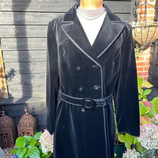Vintage Long Black Velvet Coat: UK Size 16, double breasted, Braid Trim, Belted - Splendid Vintage World